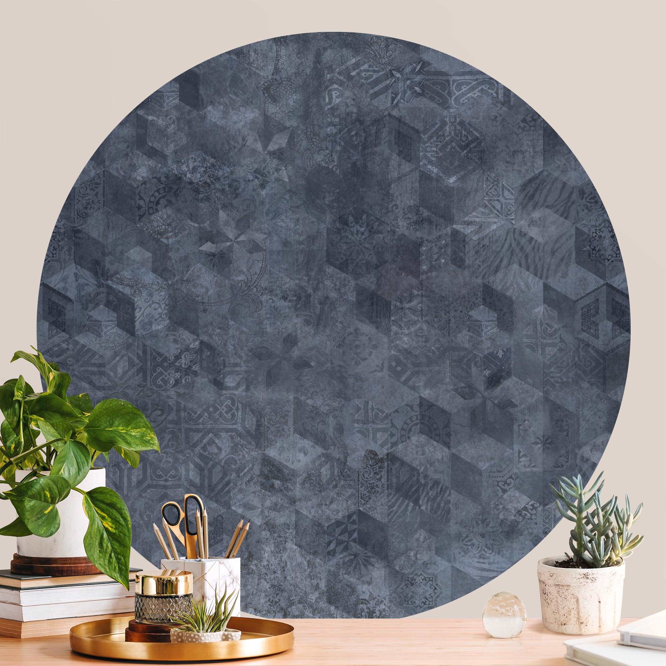 Runde Tapete selbstklebend Geometrisches Vintage Muster mit Ornamenten Blau