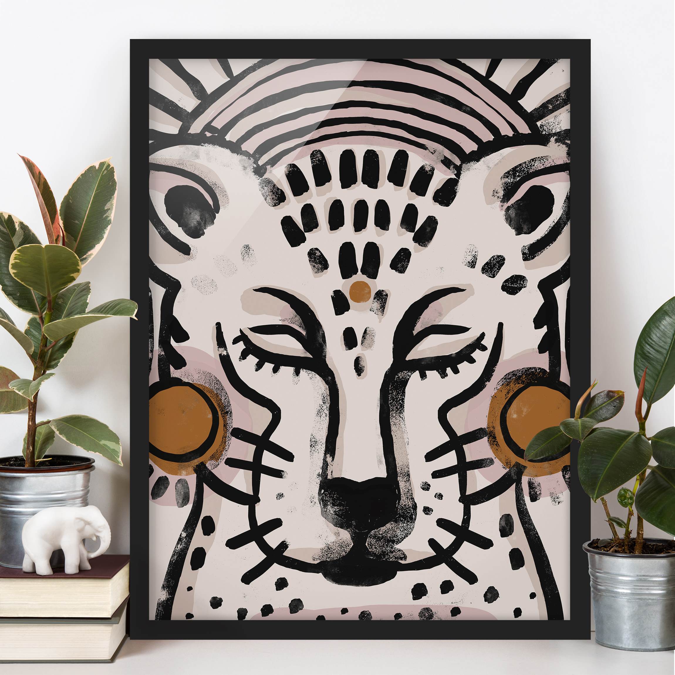 Bild mit Rahmen Gepard mit Perlenohrringen Illustration