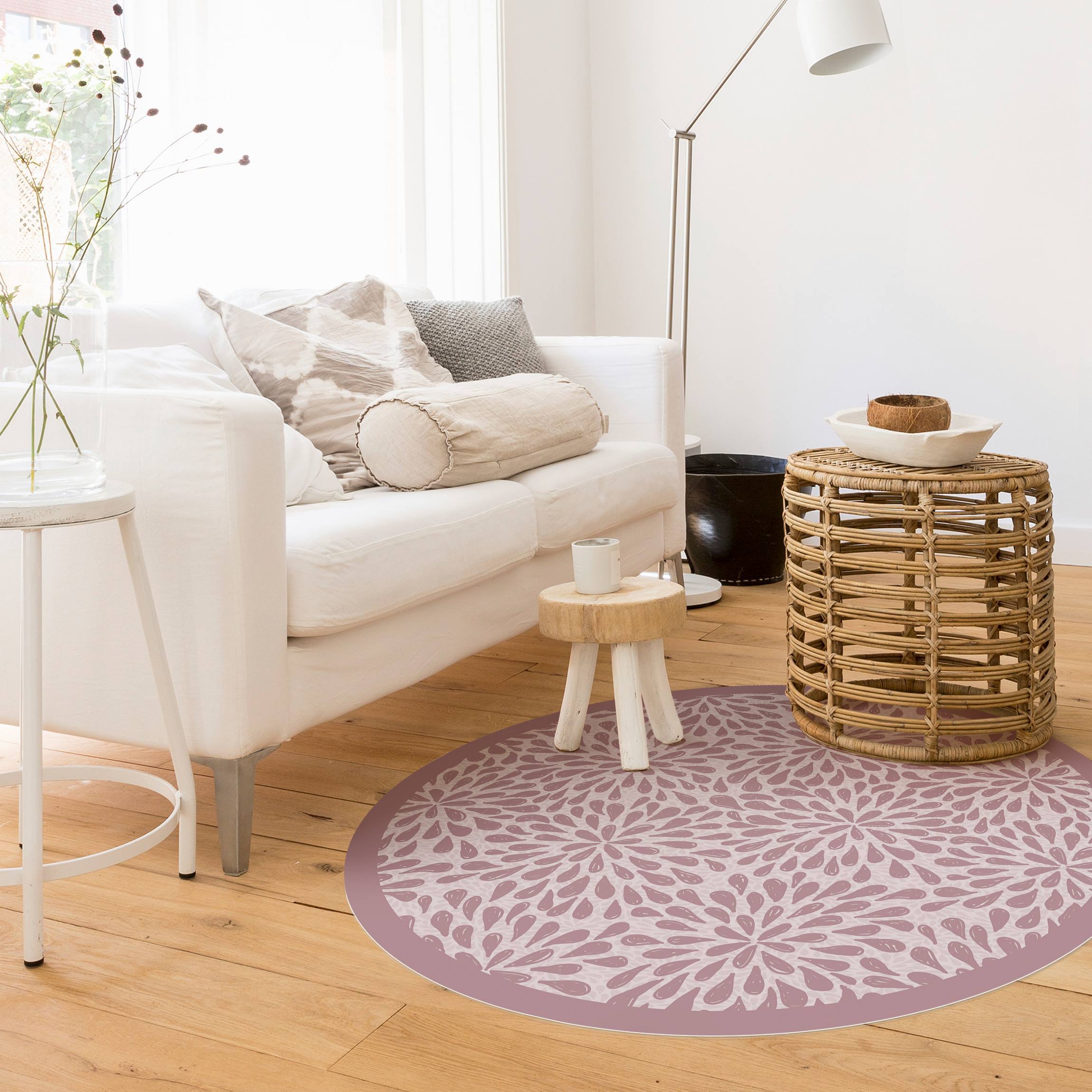 Runder Vinyl-Teppich Gezeichnete Blüten aus Tropfen mit Rahmen