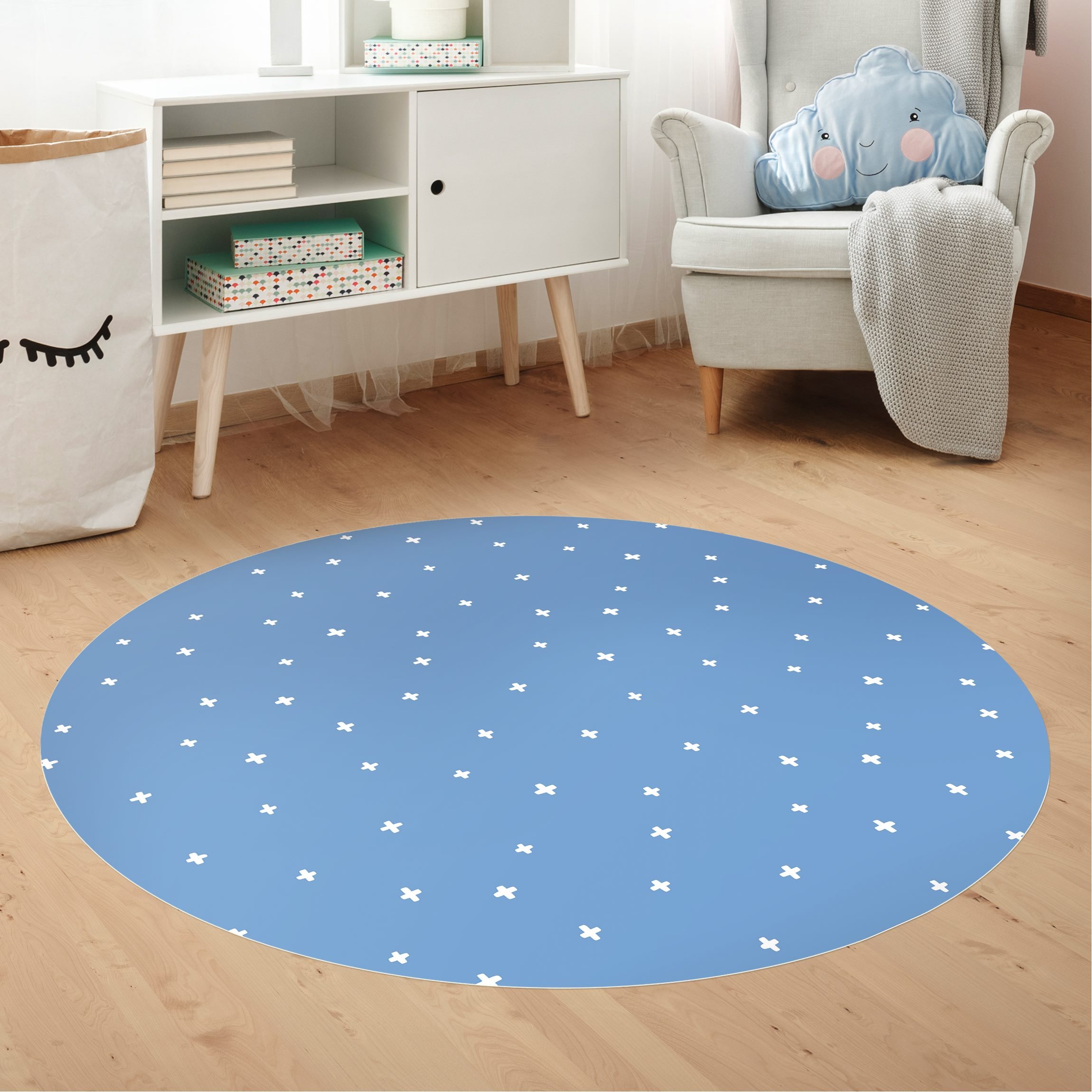 Runder Vinyl-Teppich Gezeichnete Weiße Kreuze auf Blau