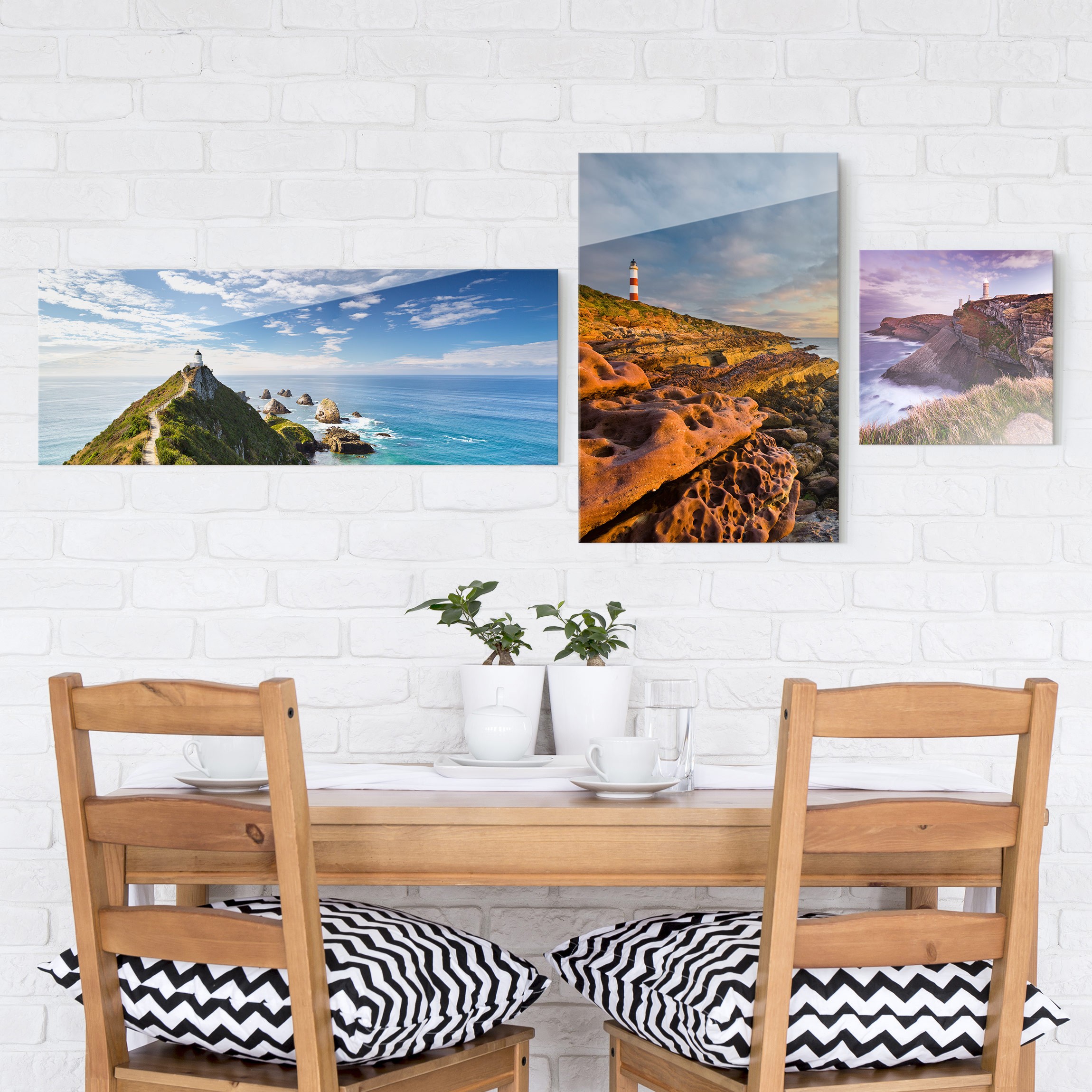 3-teiliges Glasbild Leuchtturm Trio Collage