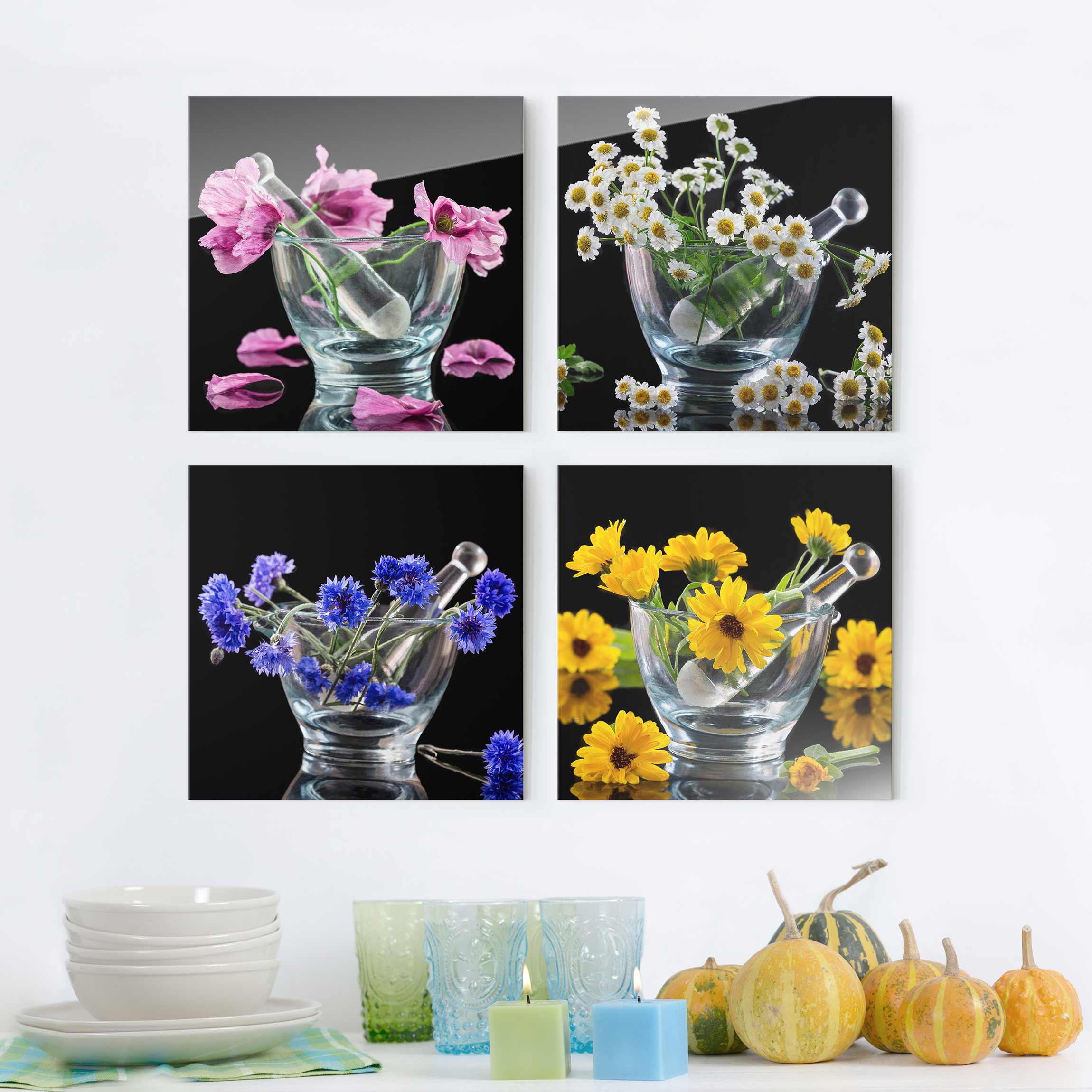 4-teiliges Glasbild Blumen im Mörser