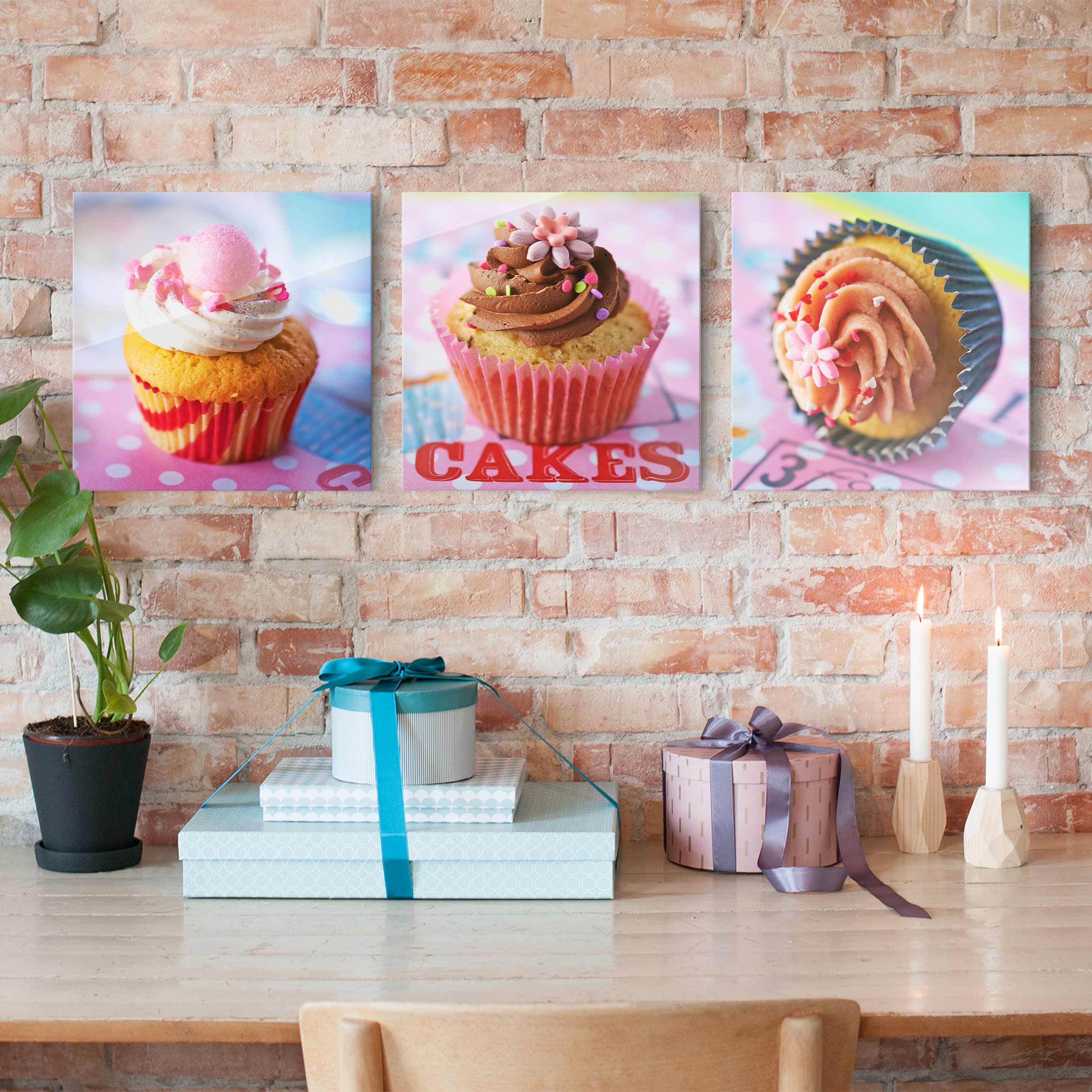 3-teiliges Glasbild Küche Bunte Cupcakes