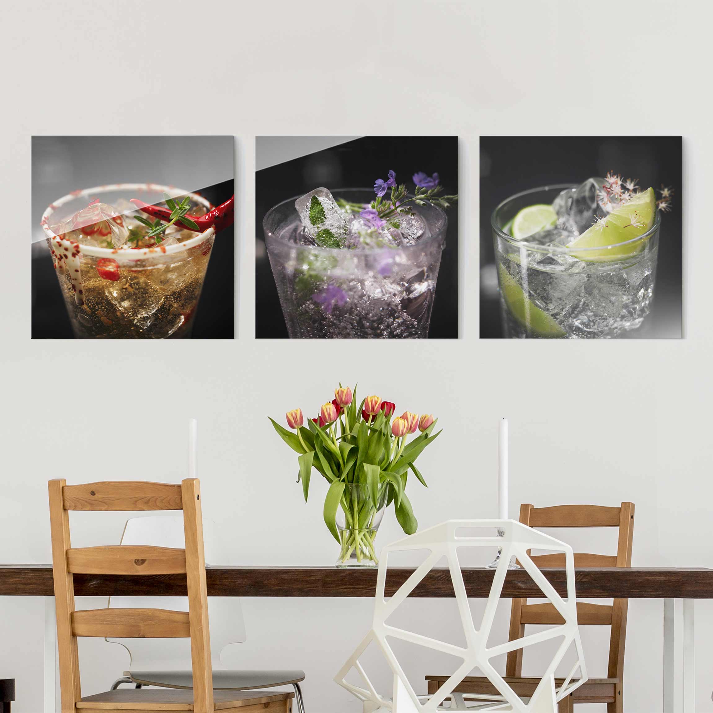 3-teiliges Glasbild Küche Drinks mit Eiswürfel Nahaufnahme