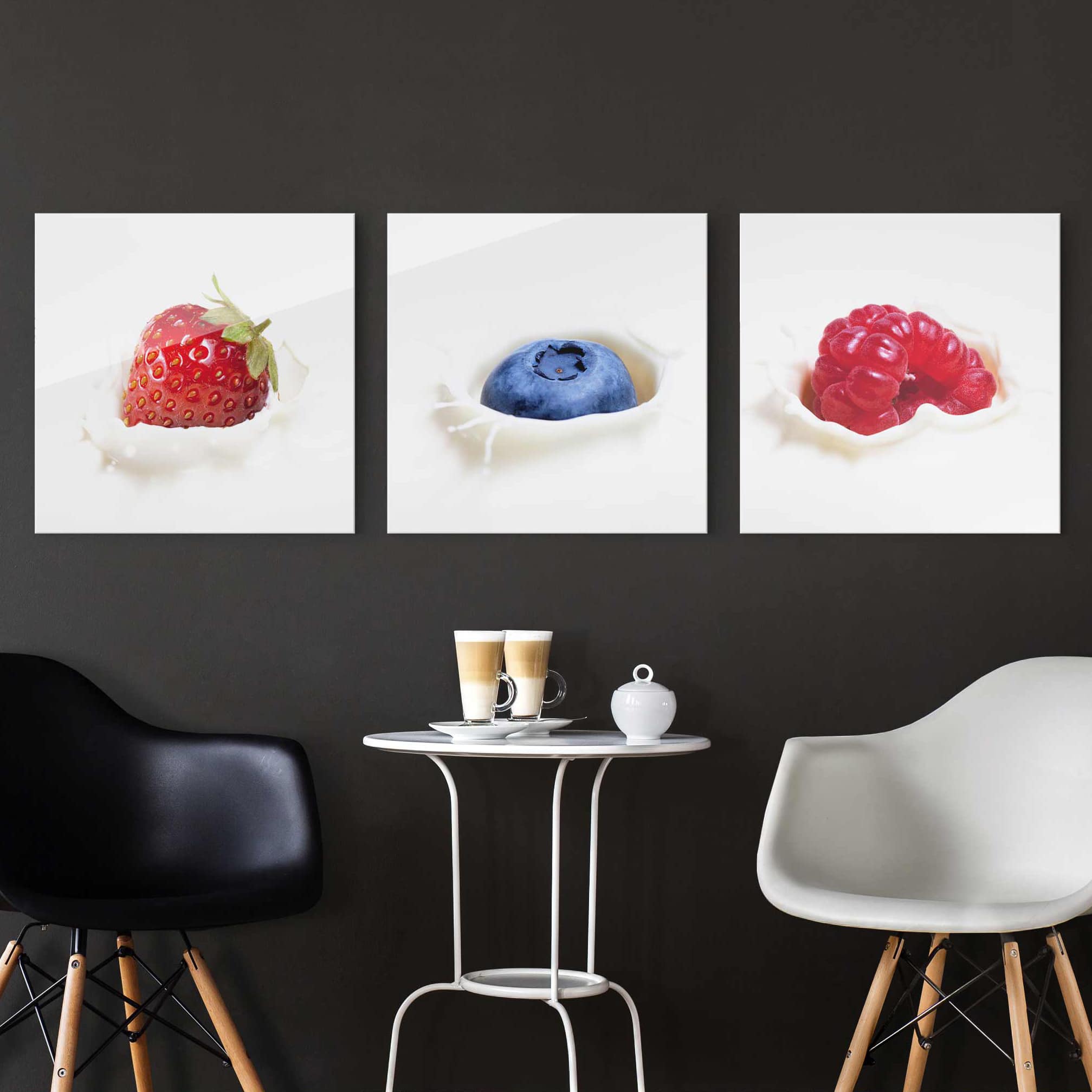 3-teiliges Glasbild Küche Früchte Milch Splash