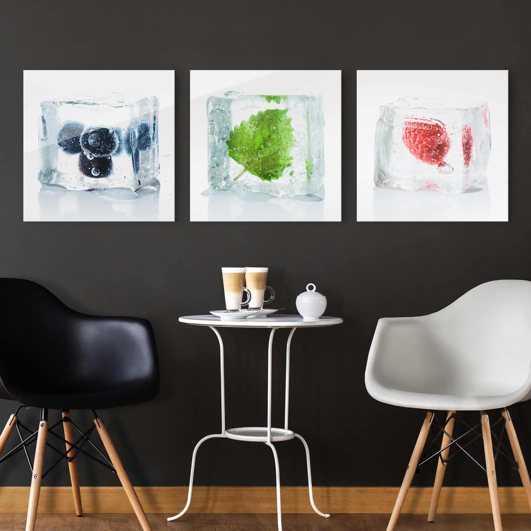 3-teiliges Glasbild Küche Früchte und Melisse im Eiswürfel