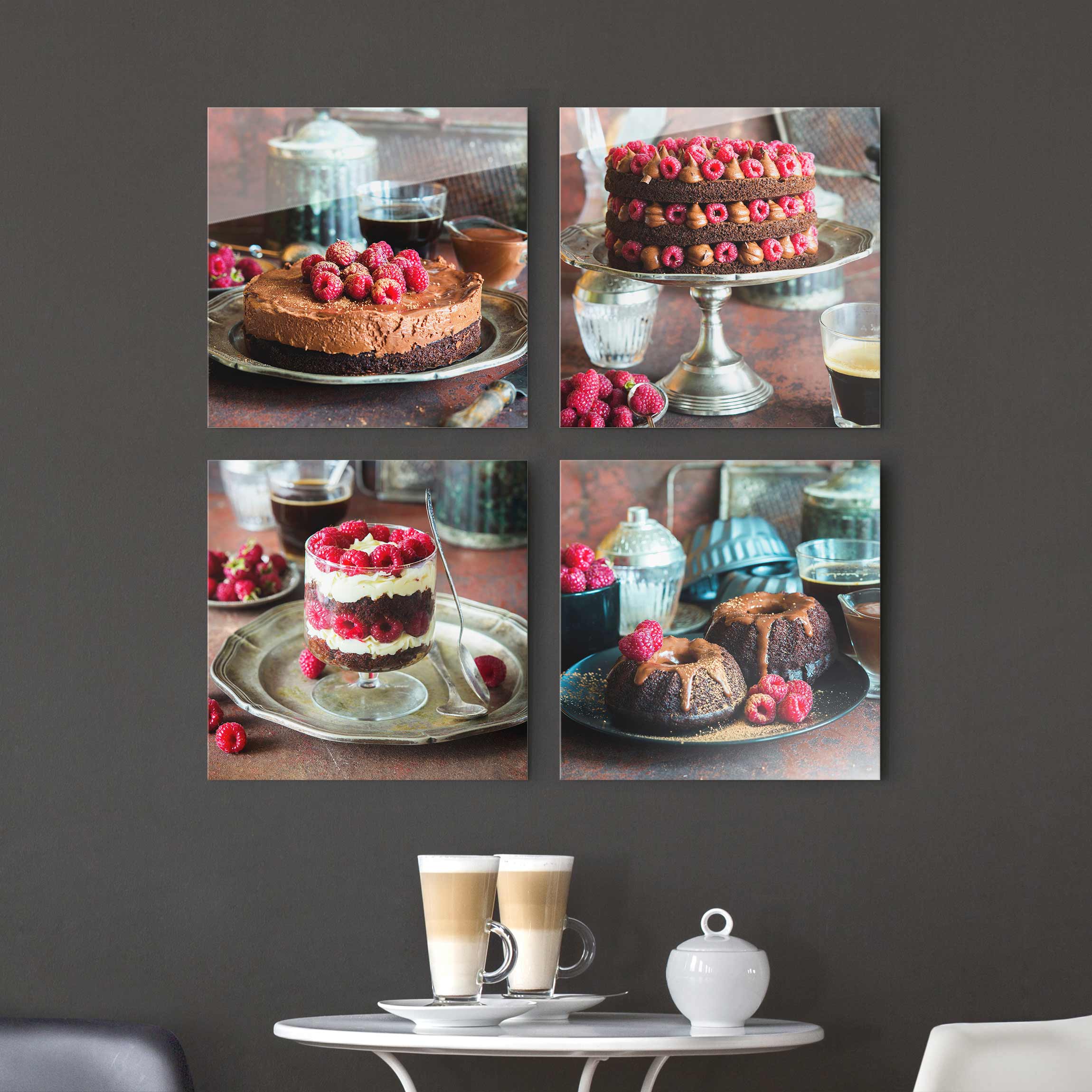 4-teiliges Glasbild - Quadrat Himbeerkuchen Vintage