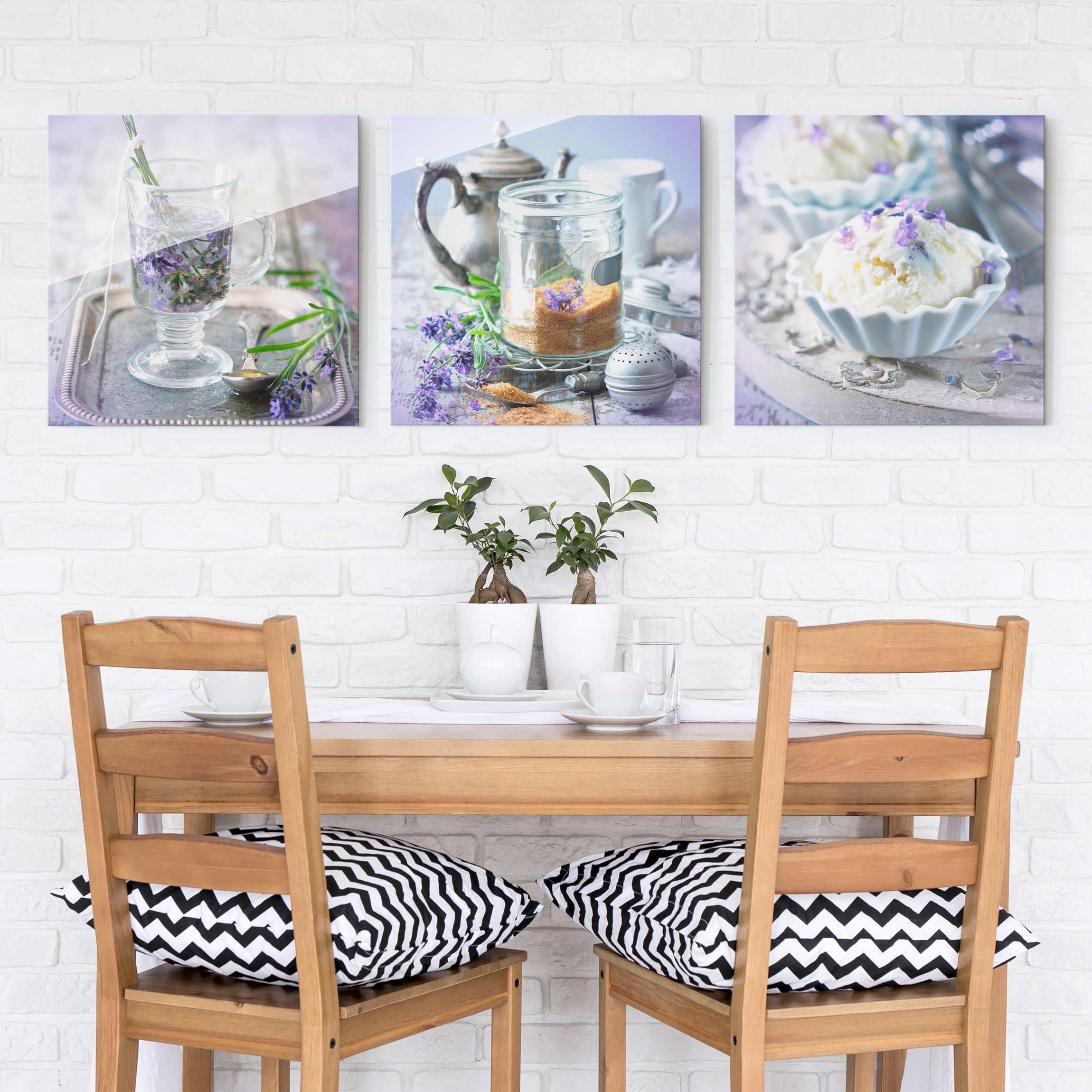 3-teiliges Glasbild - Quadrat Lavendel Set Vintage