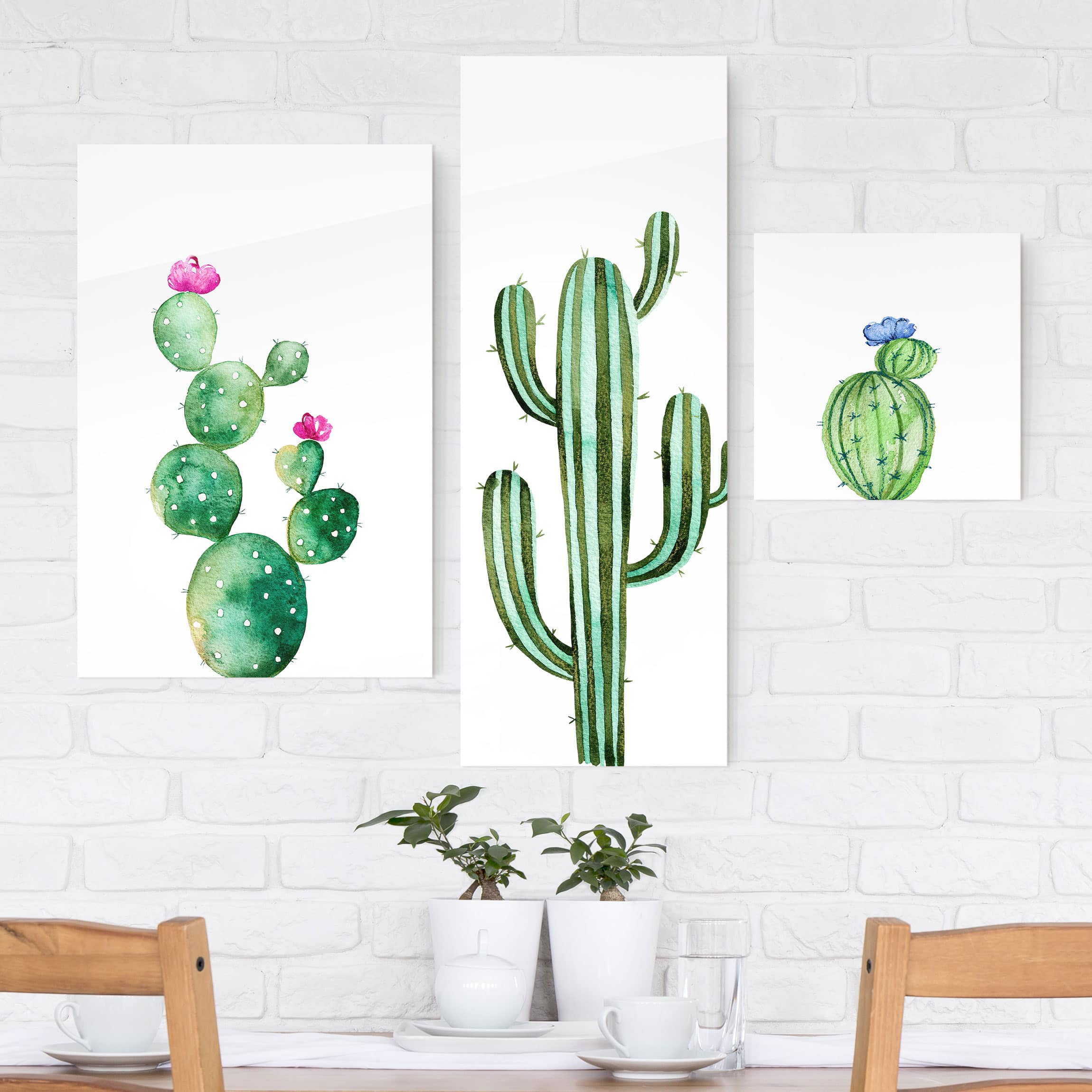 3-teiliges Glasbild - Querformat Aquarell Kakteen Set
