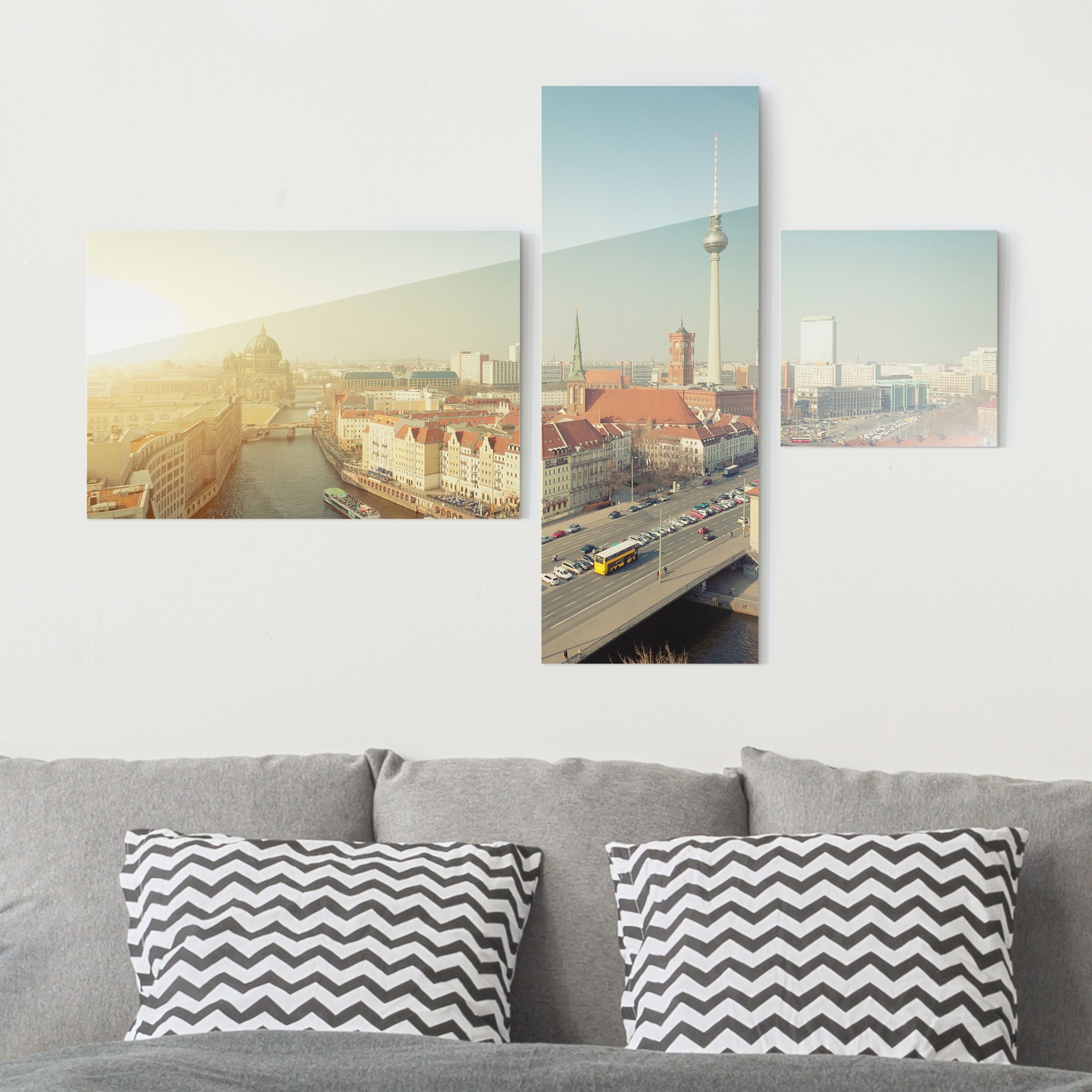 3-teiliges Glasbild - Querformat Berlin am Morgen Collage