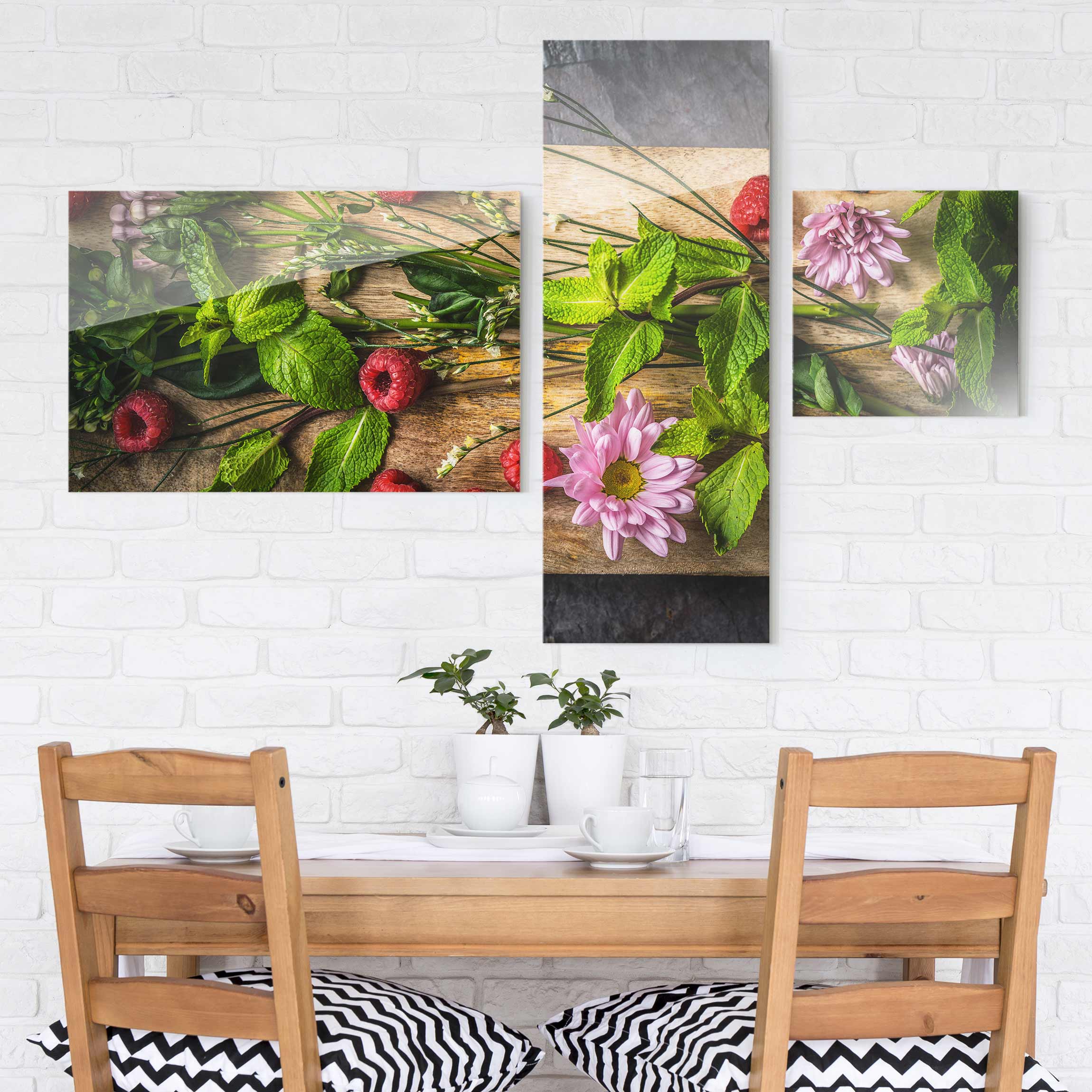 3-teiliges Glasbild Blumen Himbeeren Minze