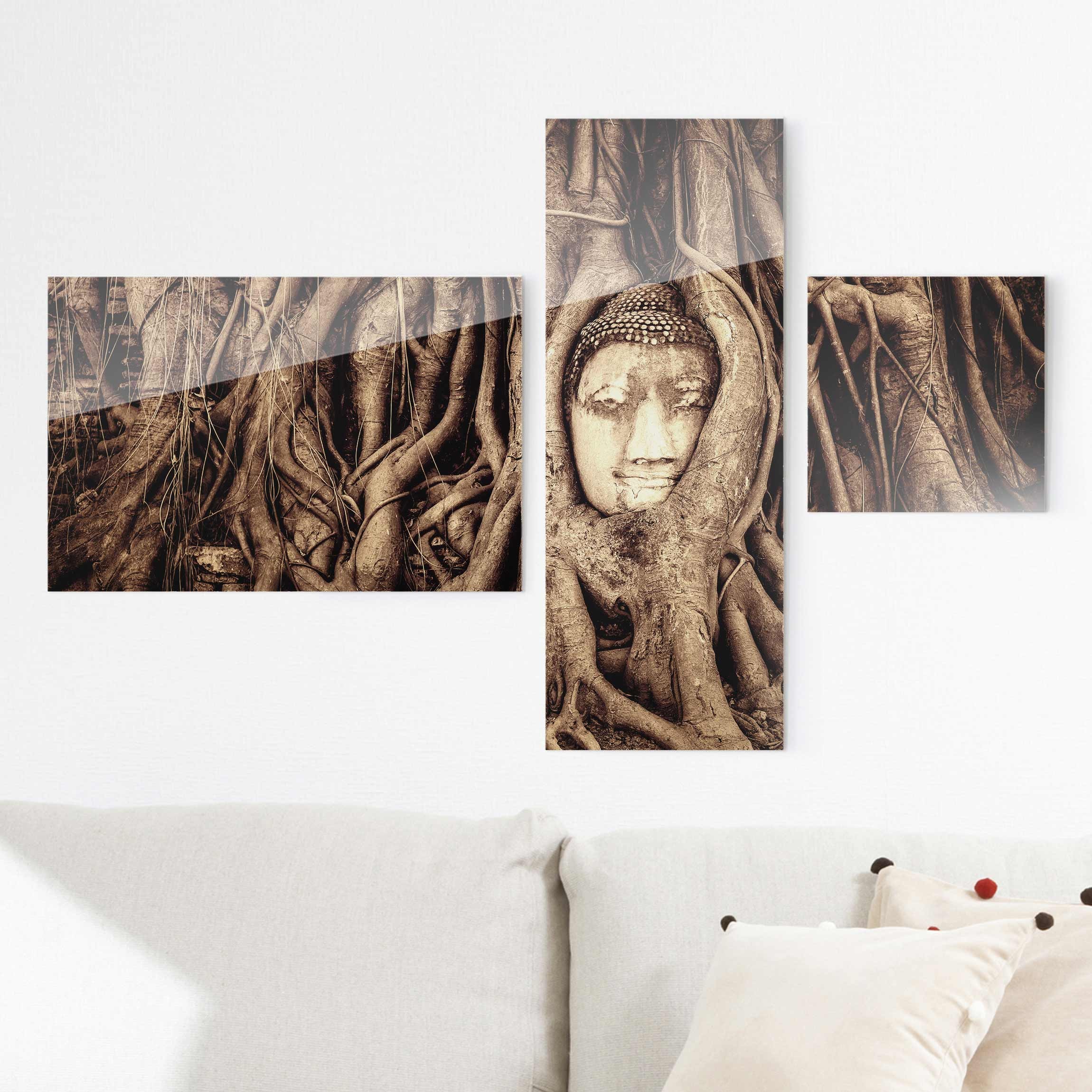 3-teiliges Glasbild Buddha in Ayutthaya von Baumwurzeln gesäumt in Braun Collage