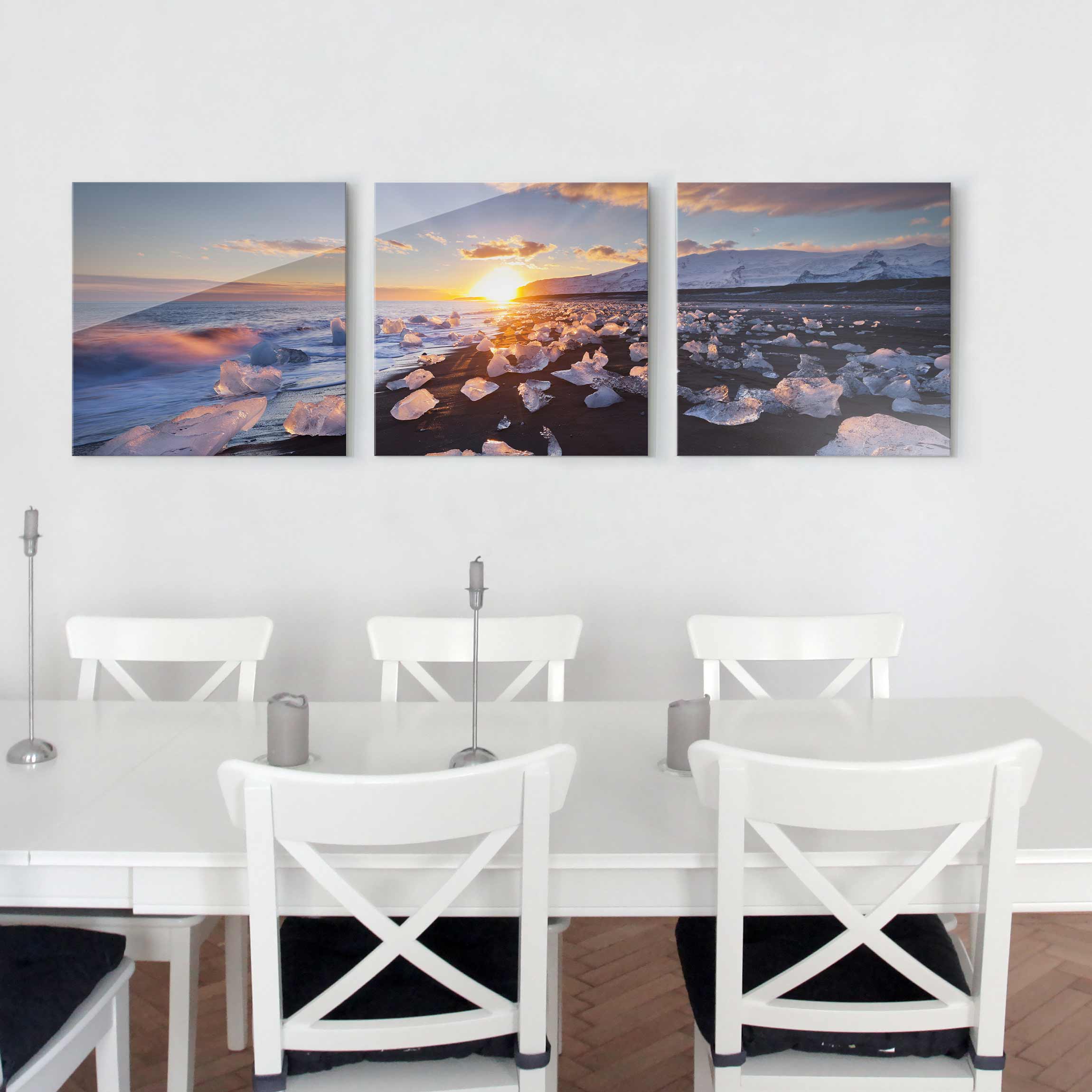 3-teiliges Glasbild Eisbrocken am Strand Island