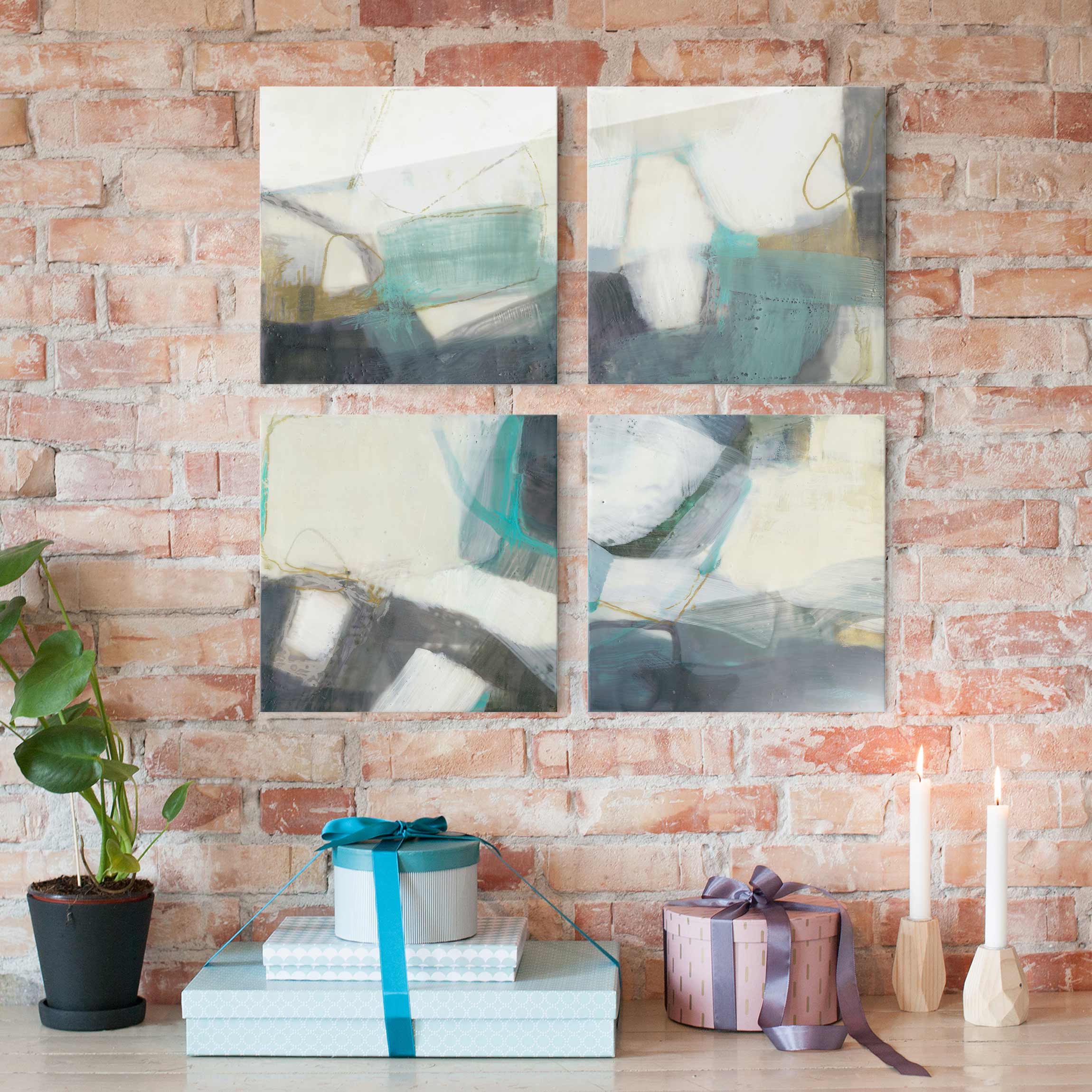 4-teiliges Glasbild - Quadrat Fangzähne mit Türkis Set II