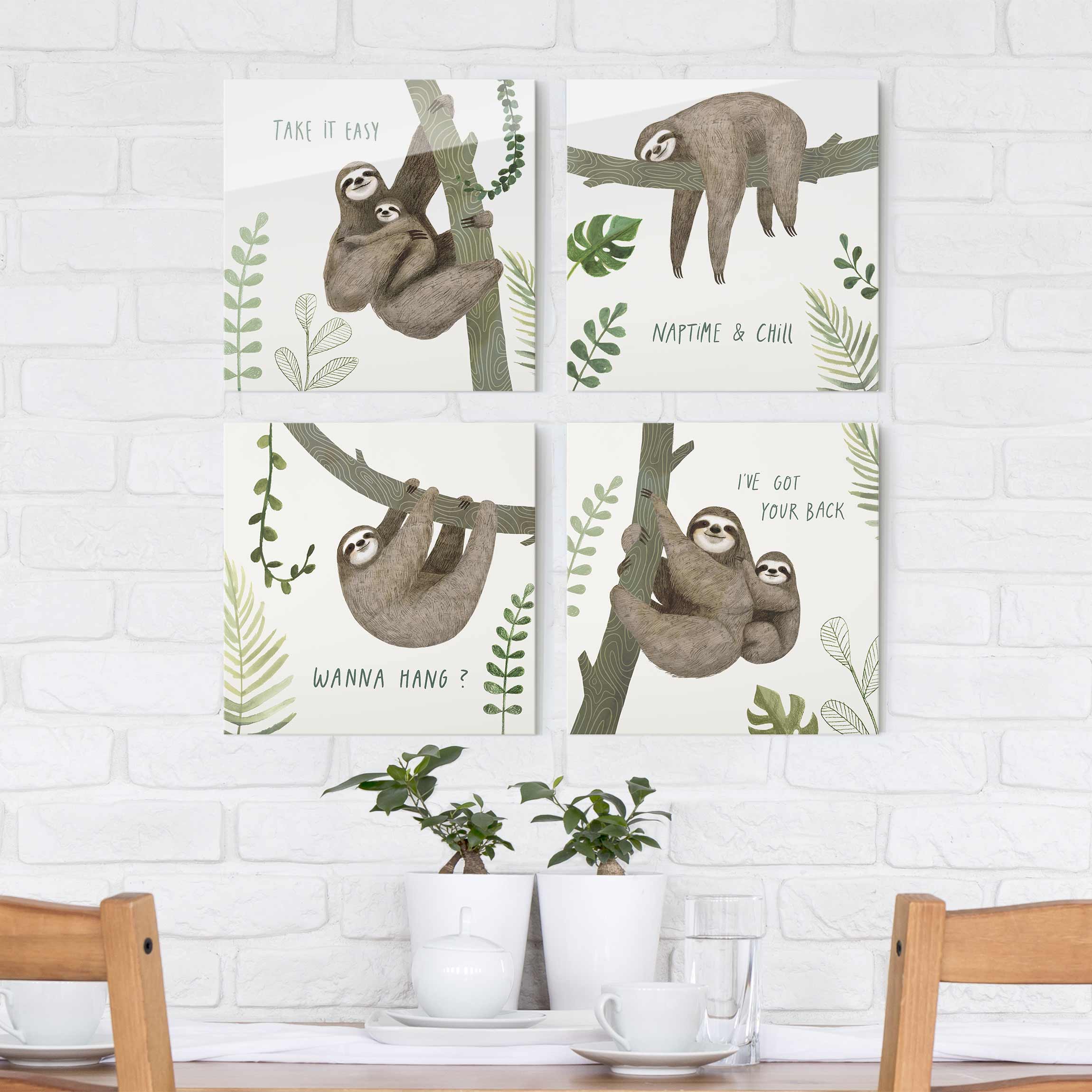 4-teiliges Glasbild - Quadrat Faultier Sprüche Set II