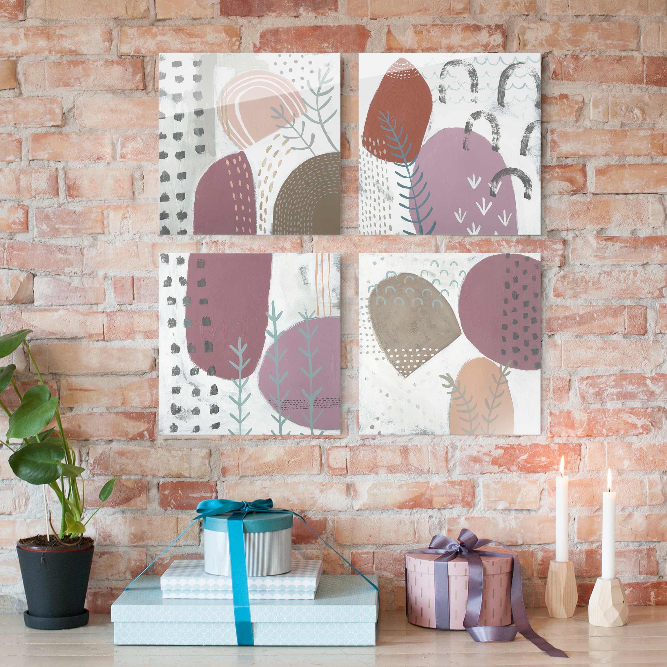 4-teiliges Glasbild - Quadrat Karneval der Formen in Beere Set III