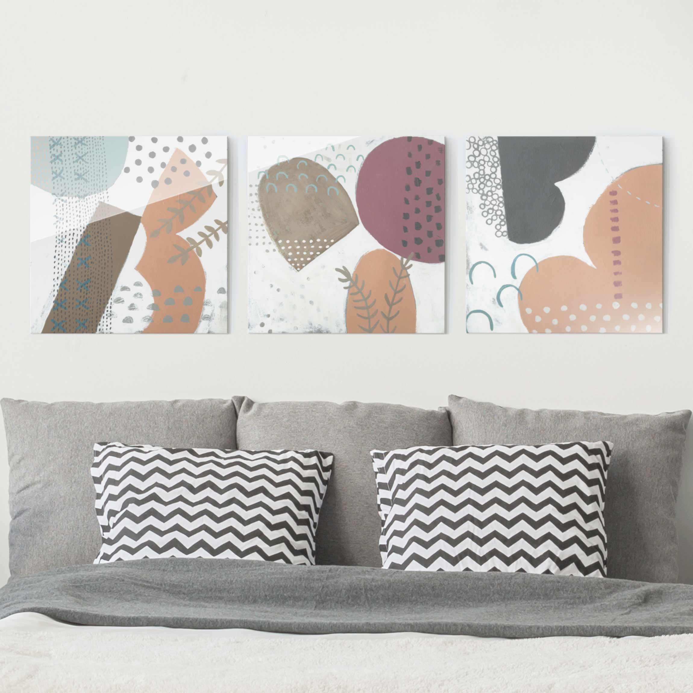 3-teiliges Glasbild - Quadrat Karneval der Formen in Lachs Set II