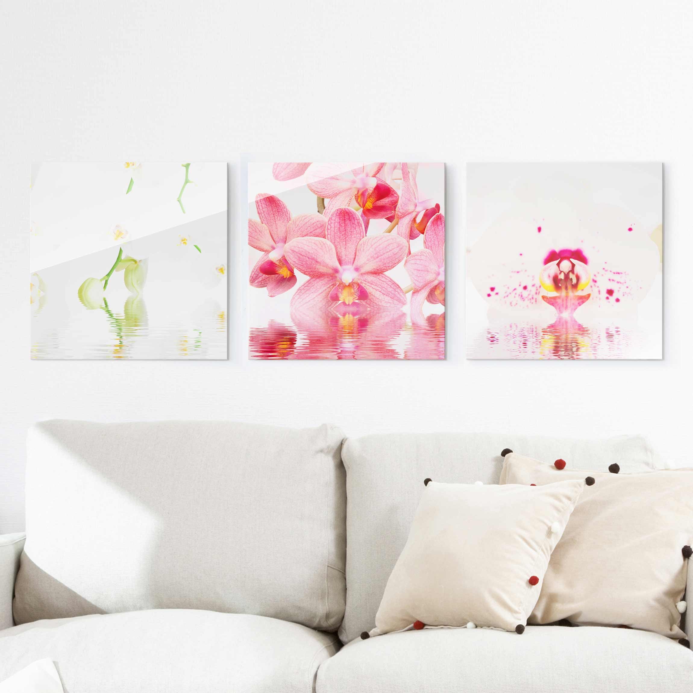 3-teiliges Glasbild Blumen Orchideen auf Wasser
