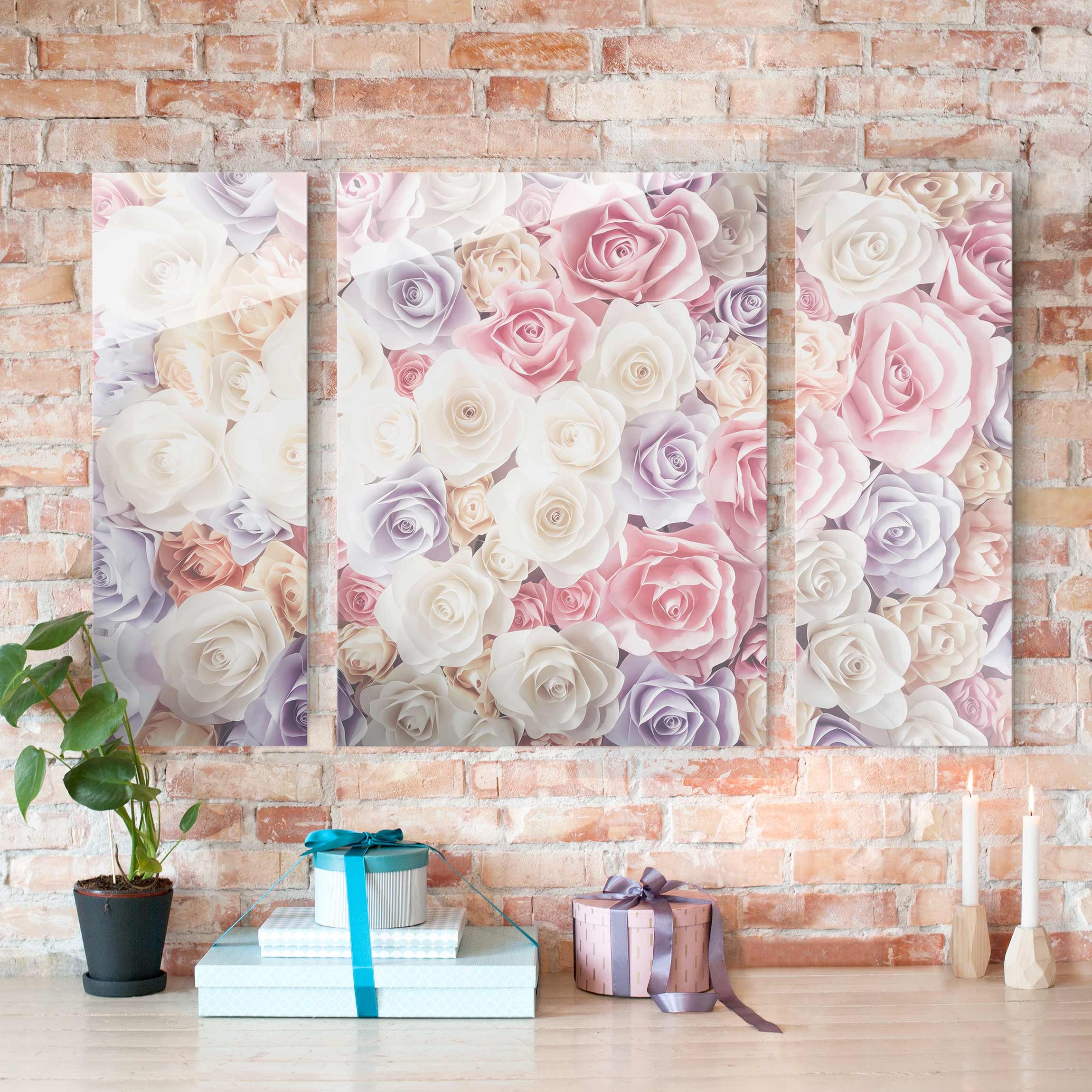 3-teiliges Glasbild Pastell Paper Art Rosen
