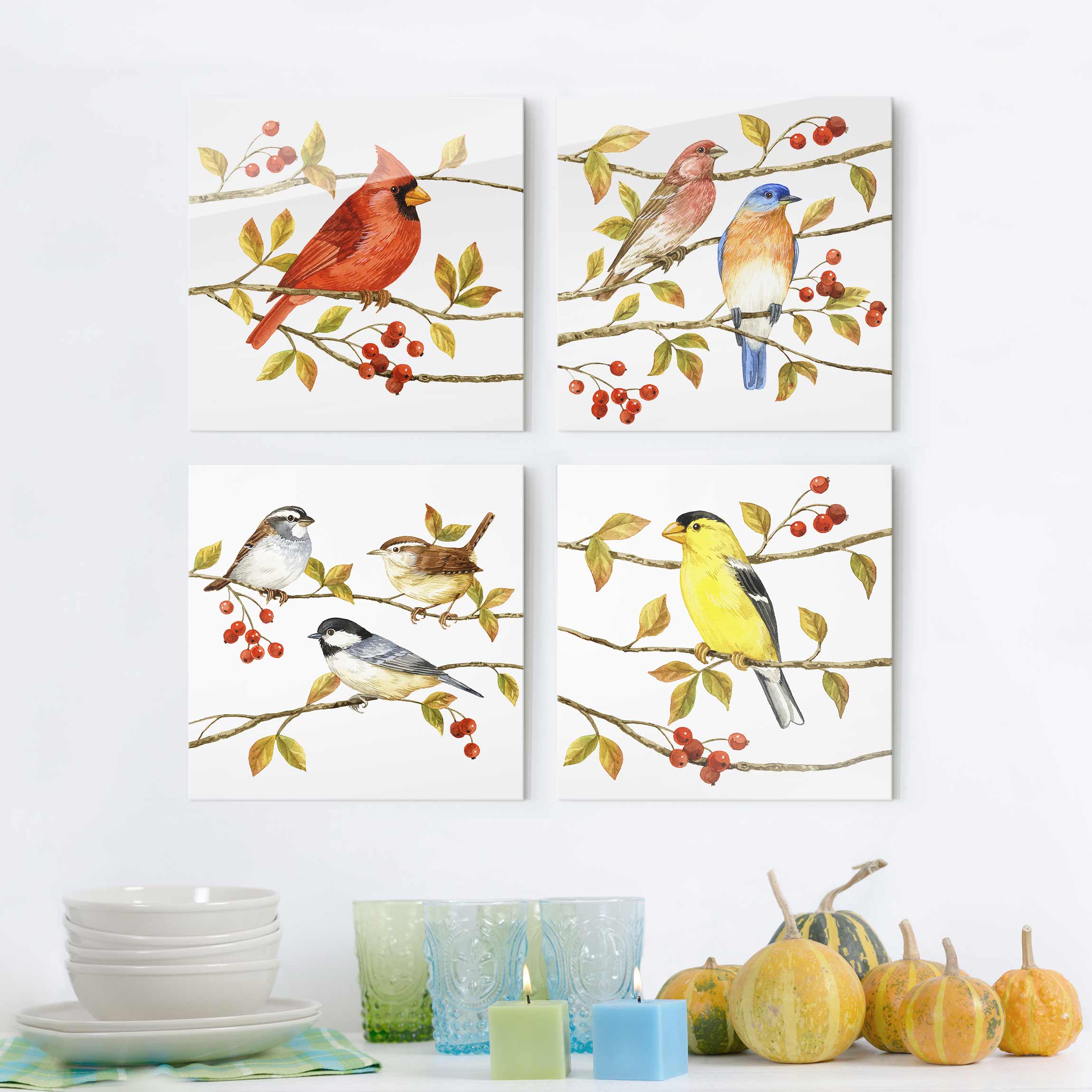4-teiliges Glasbild - Quadrat Vögel und Beeren Set II