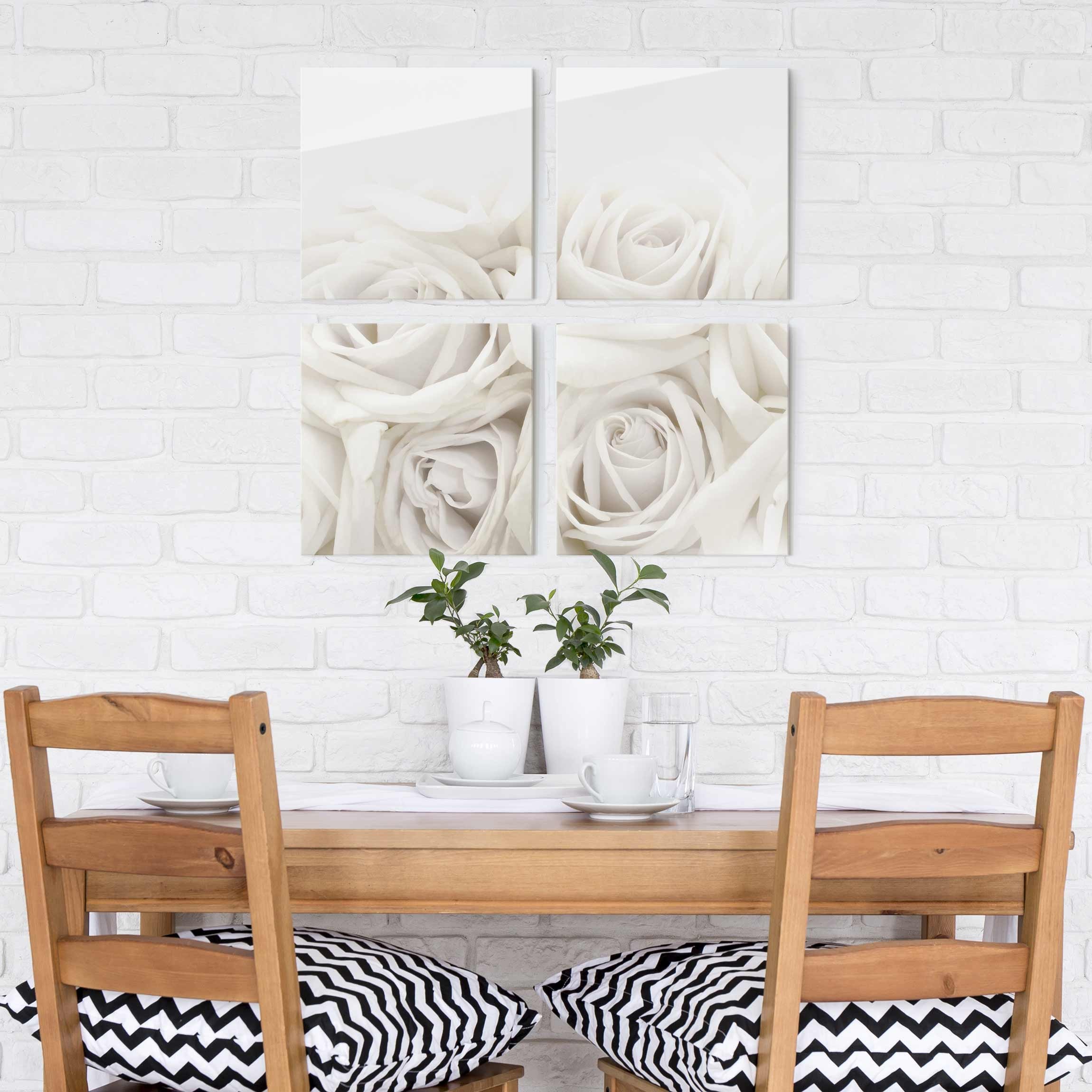 4-teiliges Glasbild Weiße Rosen