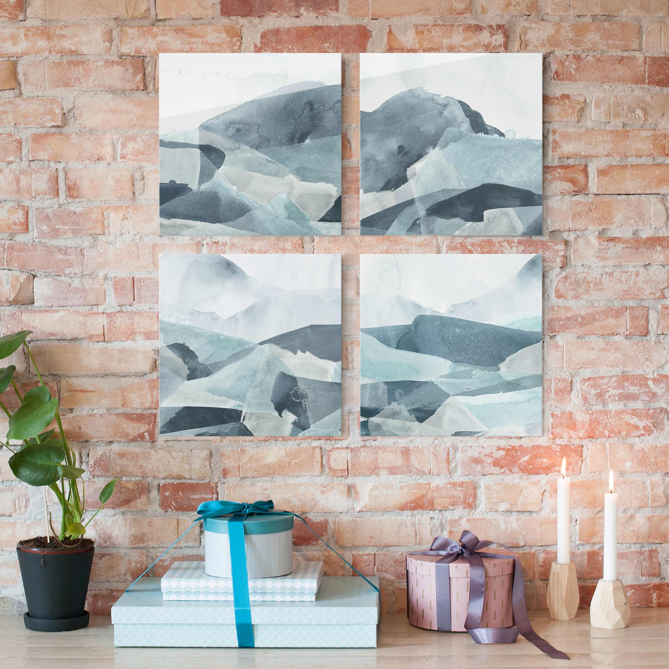 4-teiliges Glasbild - Quadrat Wogen in Blau Set II