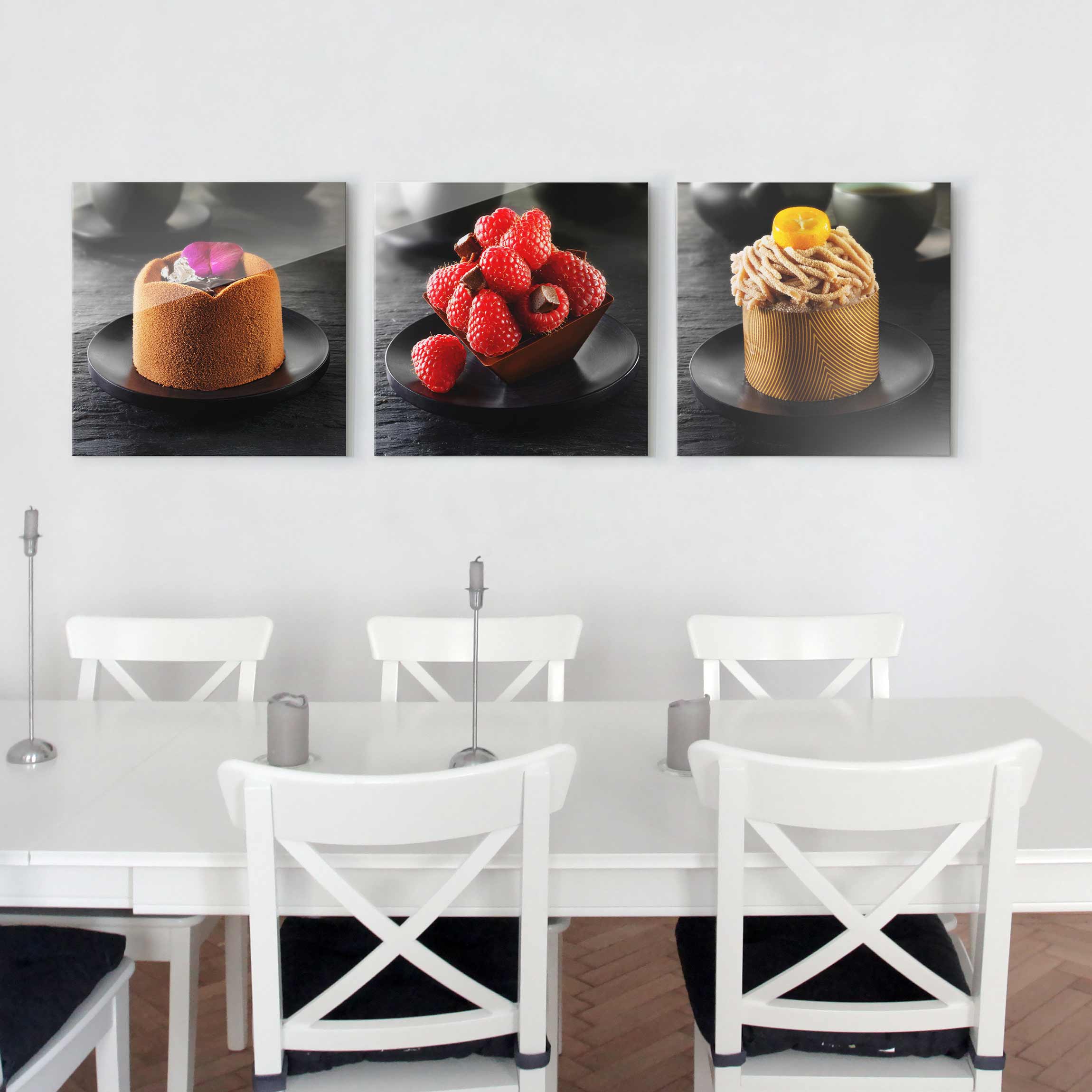3-teiliges Glasbild Küche Schokoladentörtchen mit Himbeeren