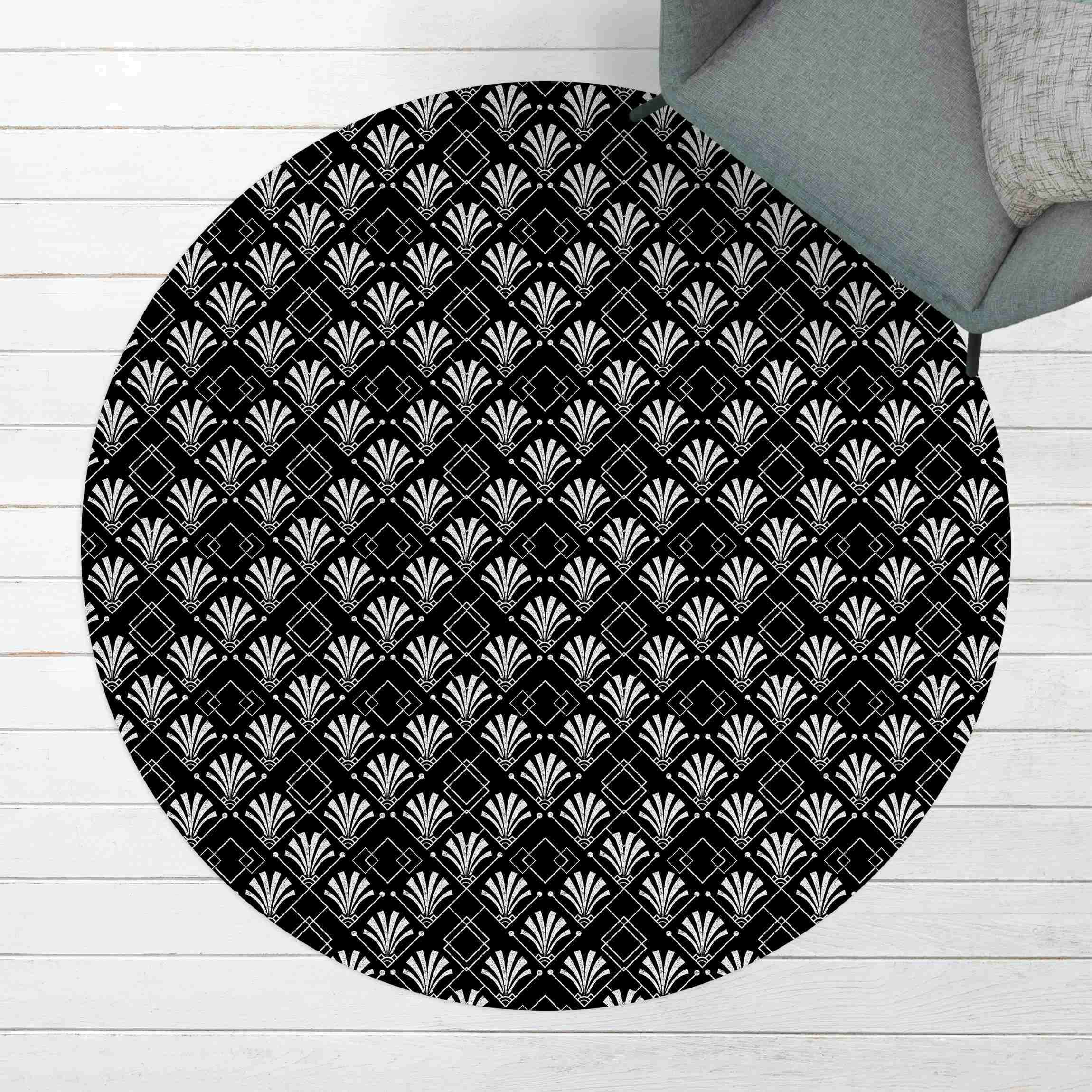 Runder Vinyl-Teppich Glitzeroptik mit Art Deco Muster auf Schwarz