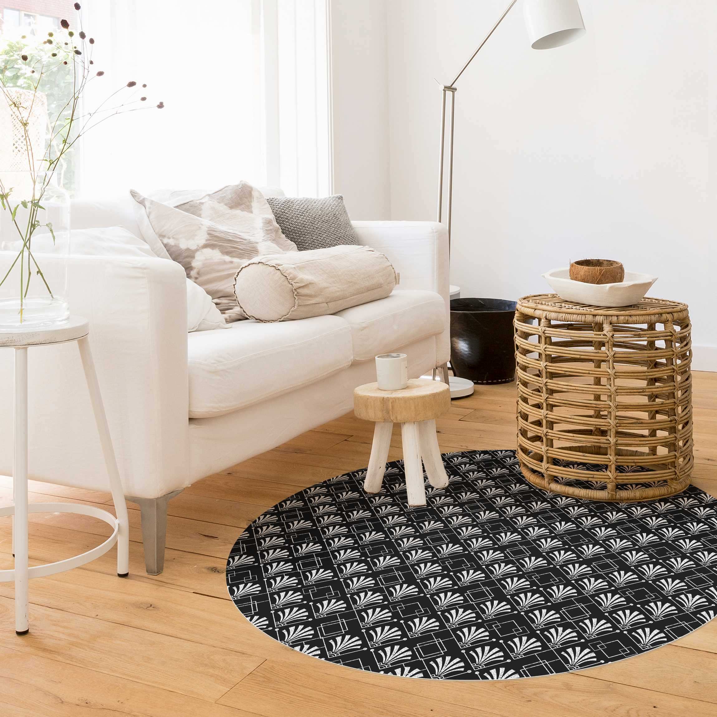 Runder Vinyl-Teppich Glitzeroptik mit Art Deco Muster auf Schwarz