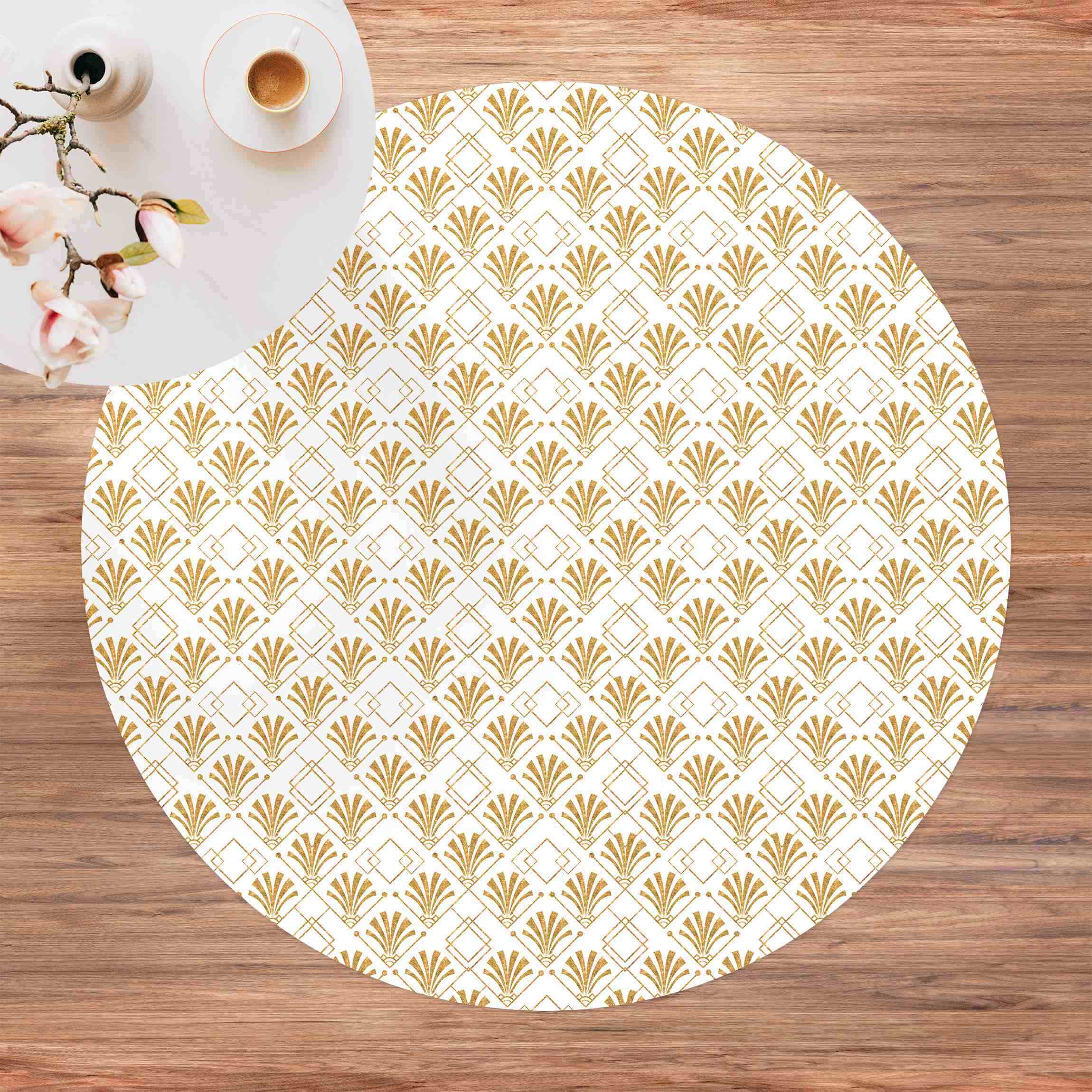 Runder Vinyl-Teppich Glitzeroptik mit Art Deco Muster in Gold