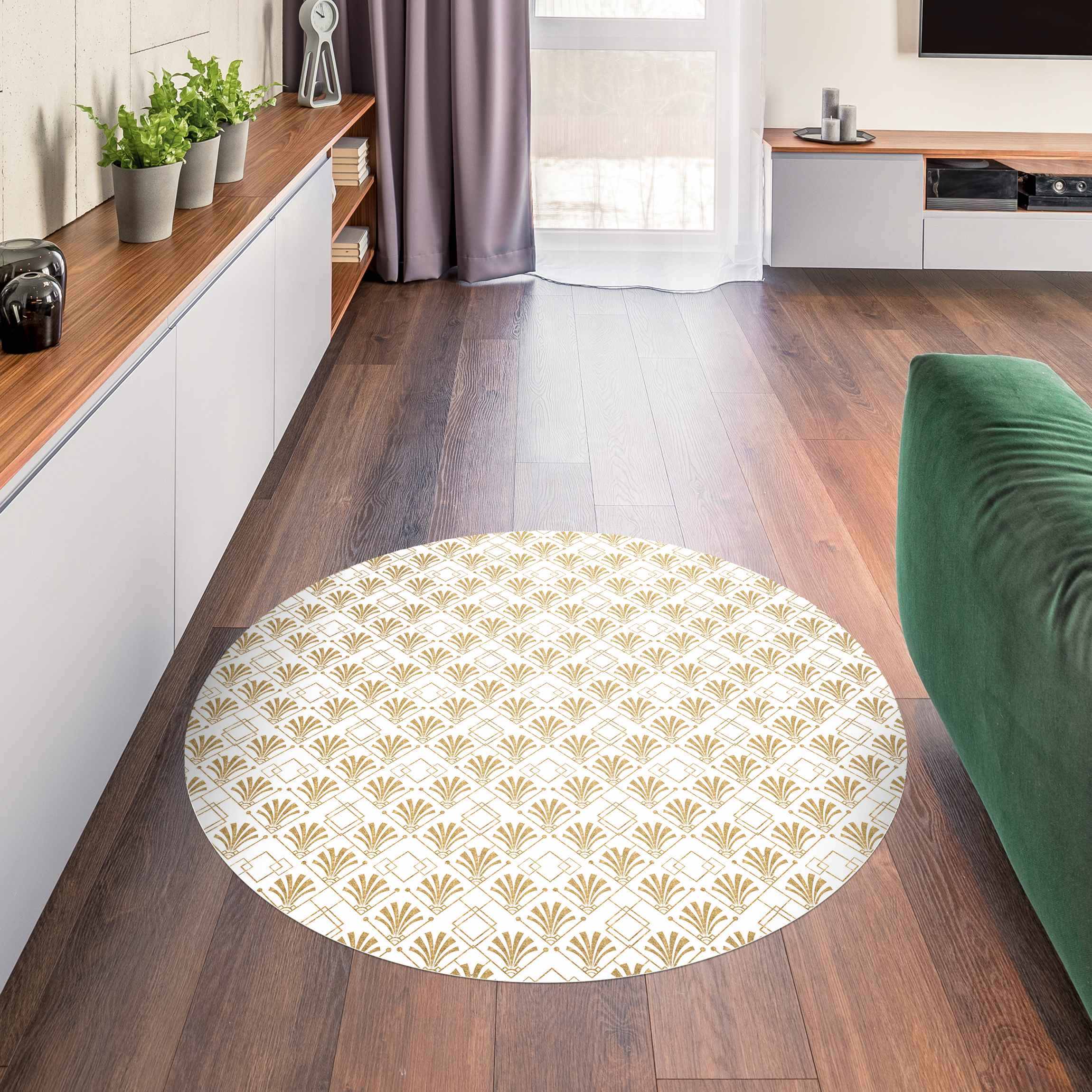 Runder Vinyl-Teppich Glitzeroptik mit Art Deco Muster in Gold