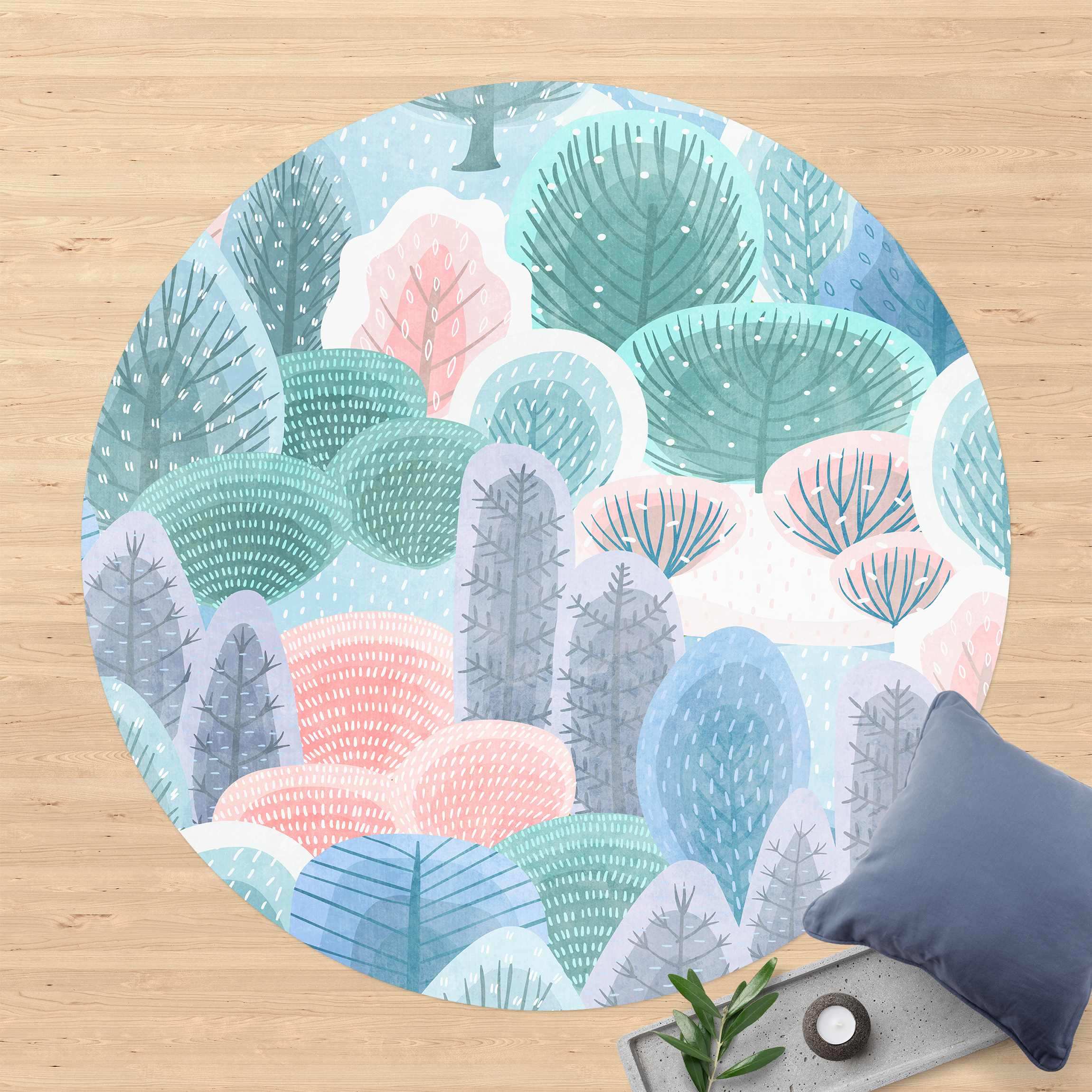 Runder Vinyl-Teppich Glücklicher Wald in Pastell