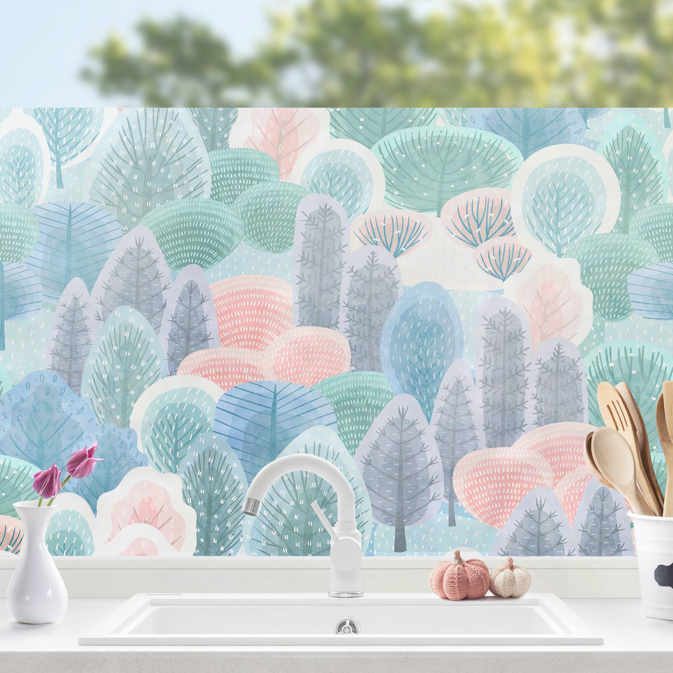 Fensterfolie Glücklicher Wald in Pastell