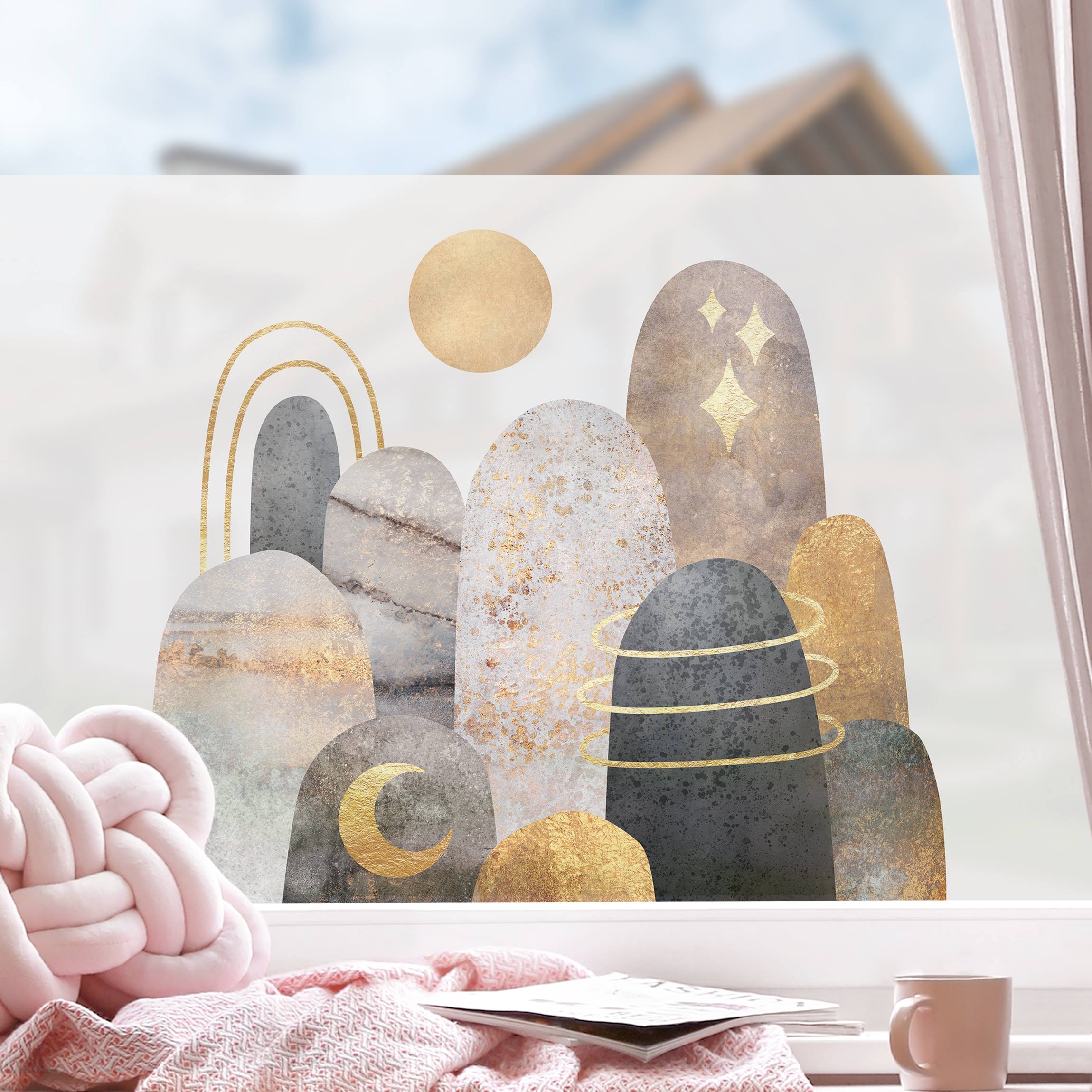 Fensterfolie Gold Berge mit Mond