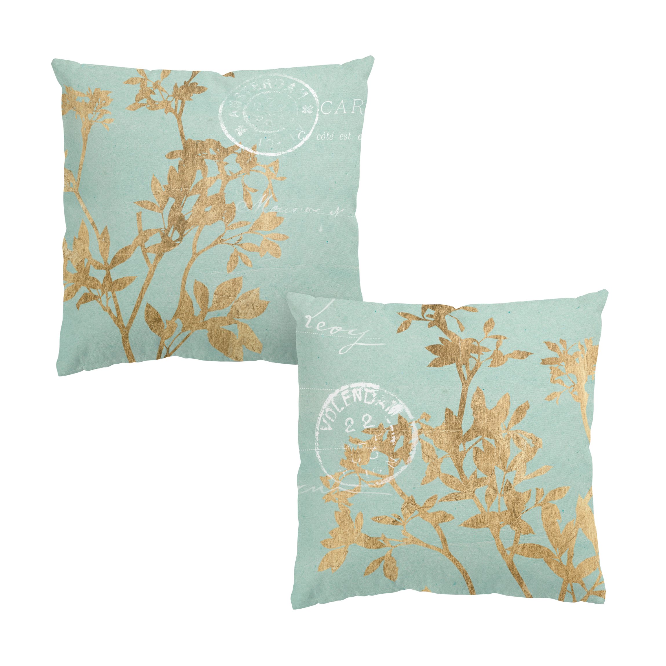 Dekokissen 2er Set Goldene Blätter auf Turquoise Set I