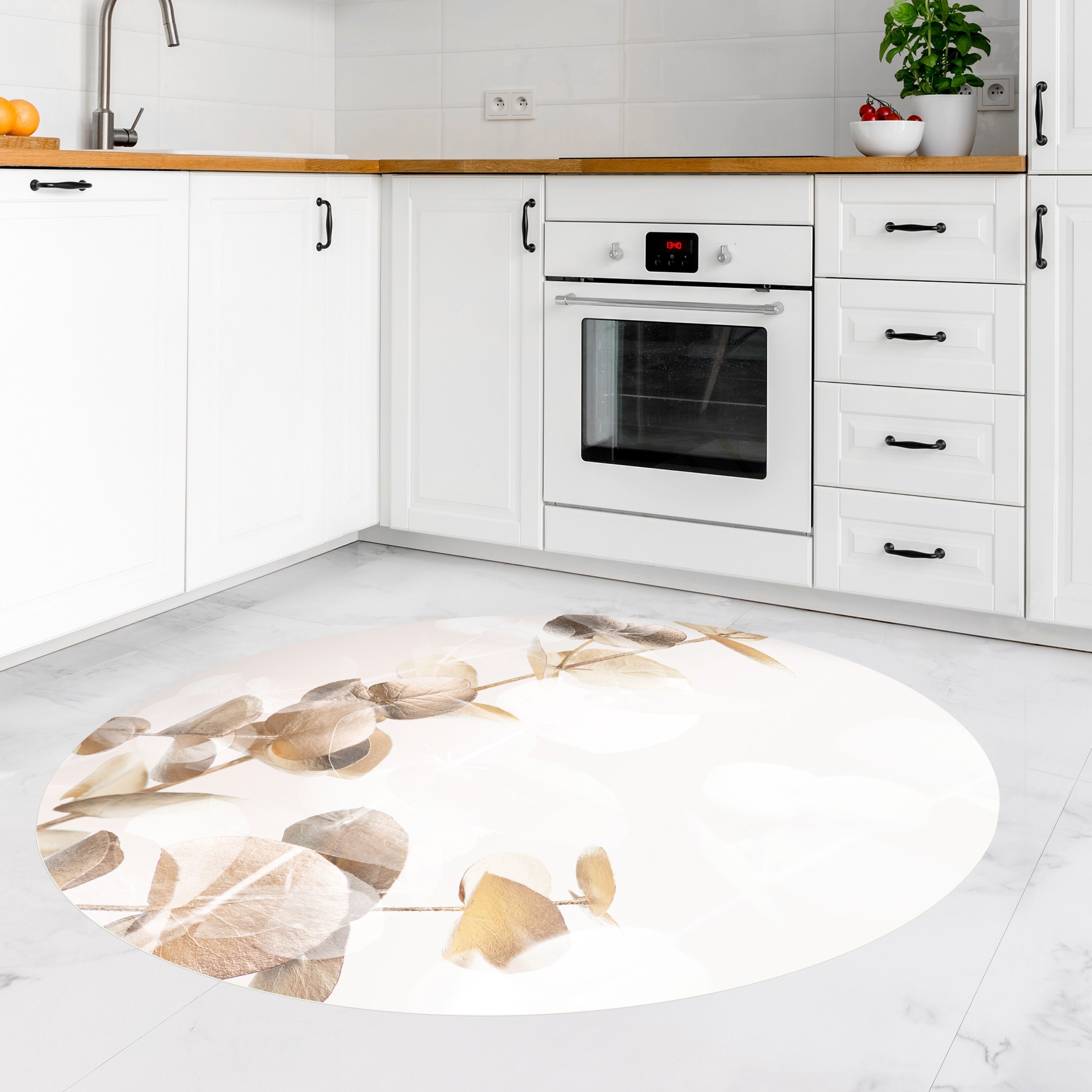 Runder Vinyl-Teppich Goldene Eukalyptuszweige mit Weiß I