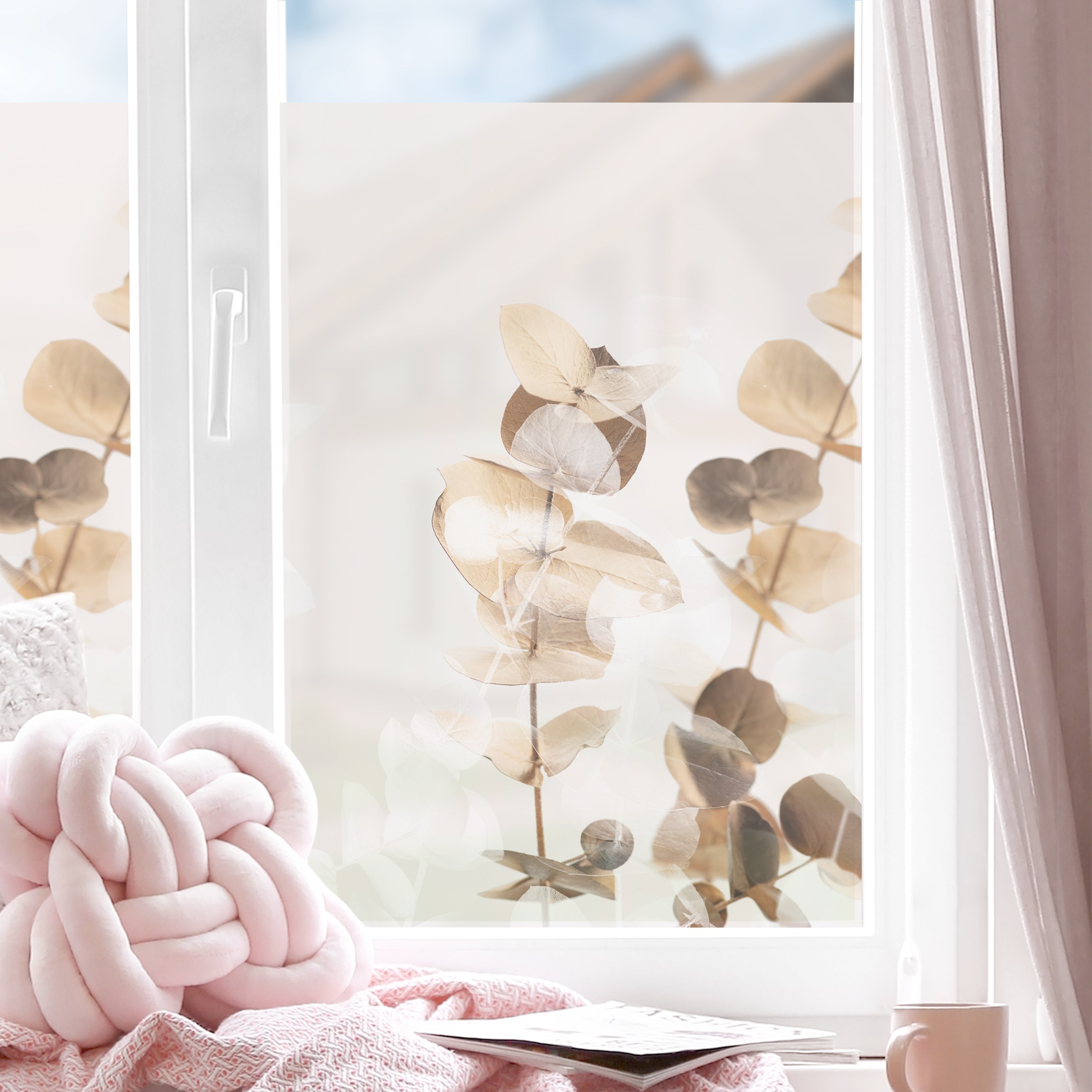 Fensterfolie Goldene Eukalyptuszweige mit Weiß II