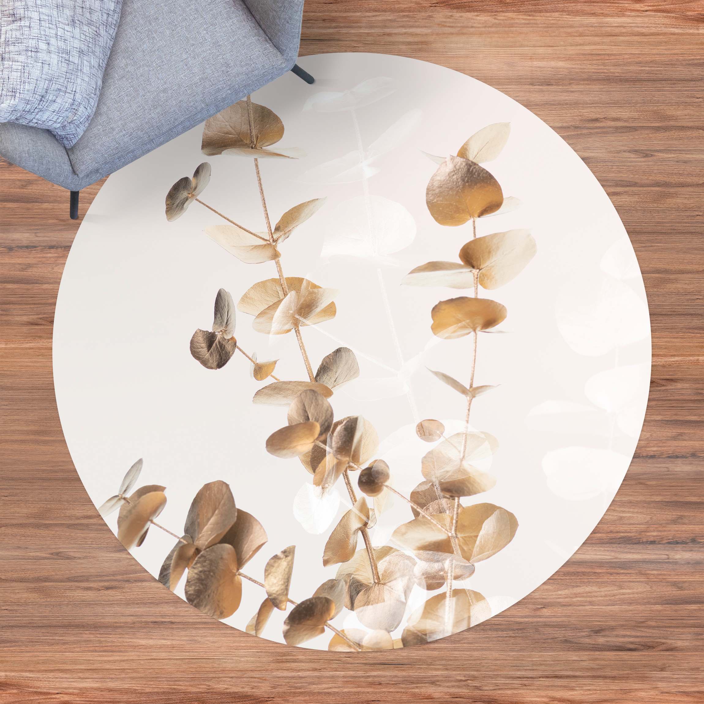 Runder Vinyl-Teppich Goldene Eukalyptuszweige mit Weiß