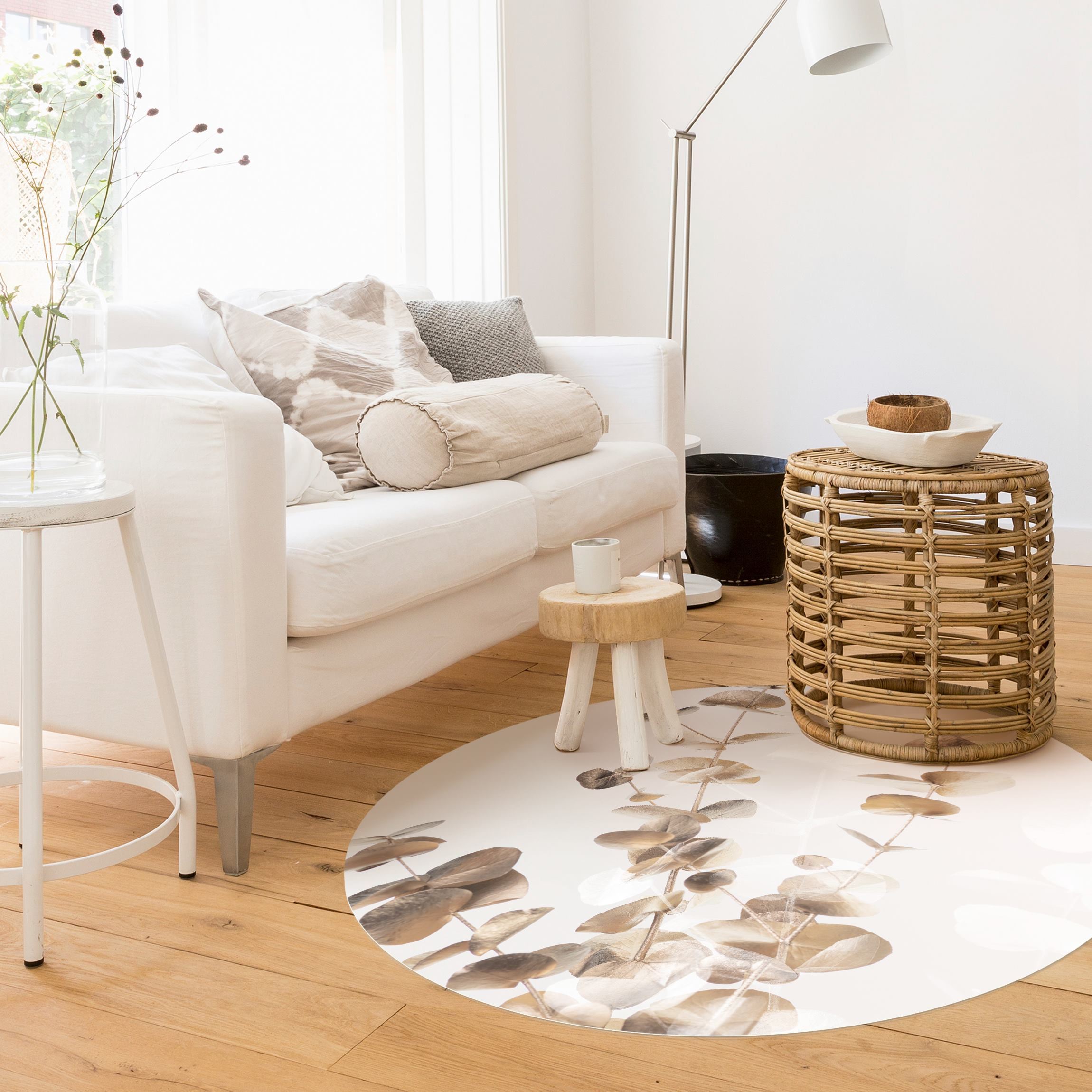 Runder Vinyl-Teppich Goldene Eukalyptuszweige mit Weiß