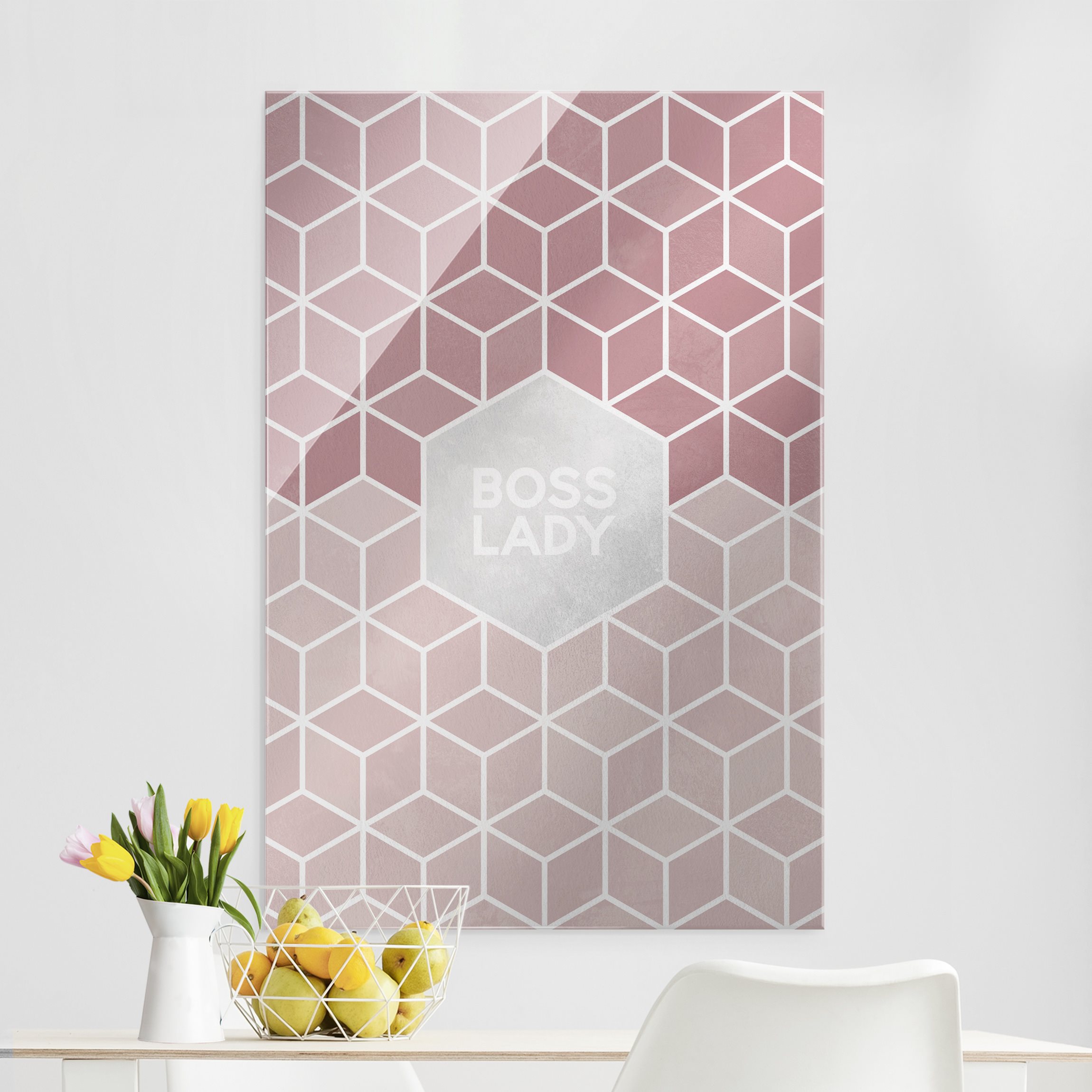 Glasbild Goldene Geometrie - Boss Lady Sechsecke Rosa