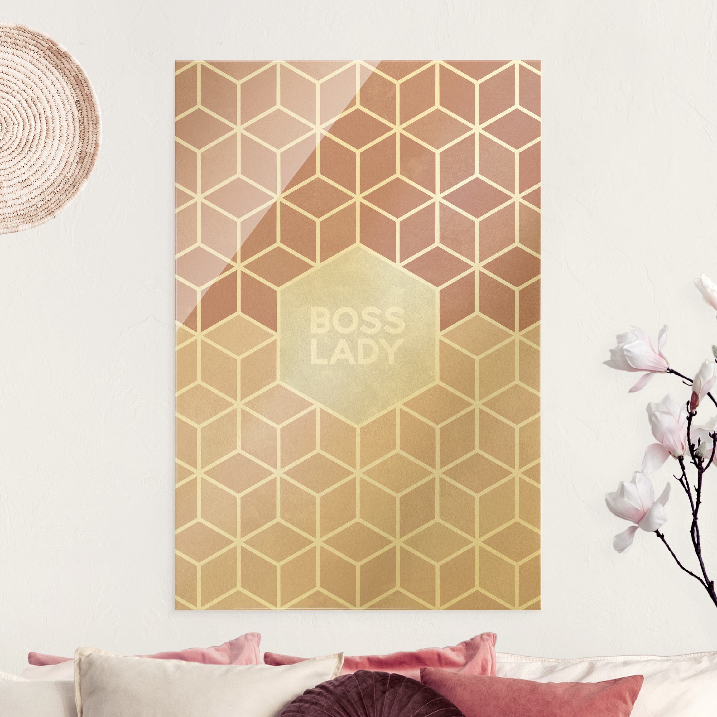 Glasbild Goldene Geometrie - Boss Lady Sechsecke Rosa