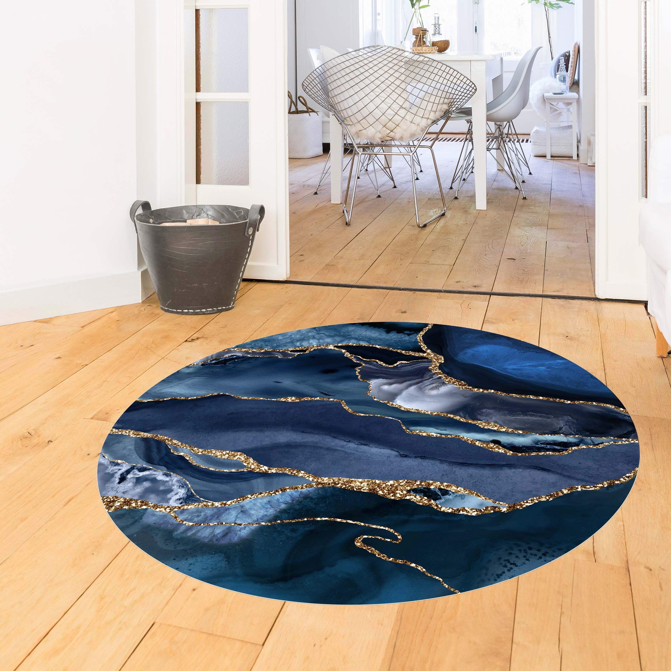 Runder Vinyl-Teppich Goldene Glitzer Wellen vor Blau