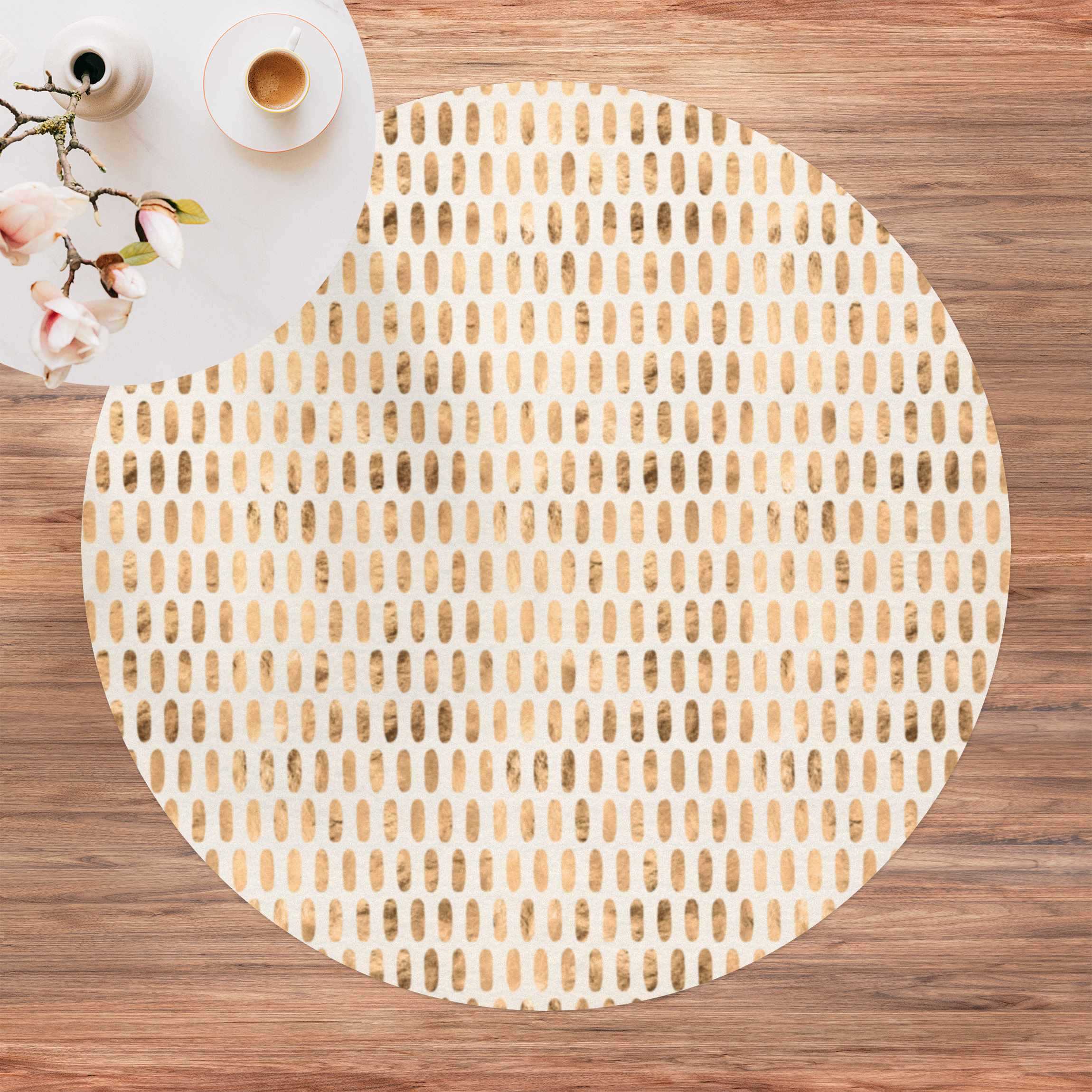 Runder Vinyl-Teppich Goldene Ovale auf Hellbeige