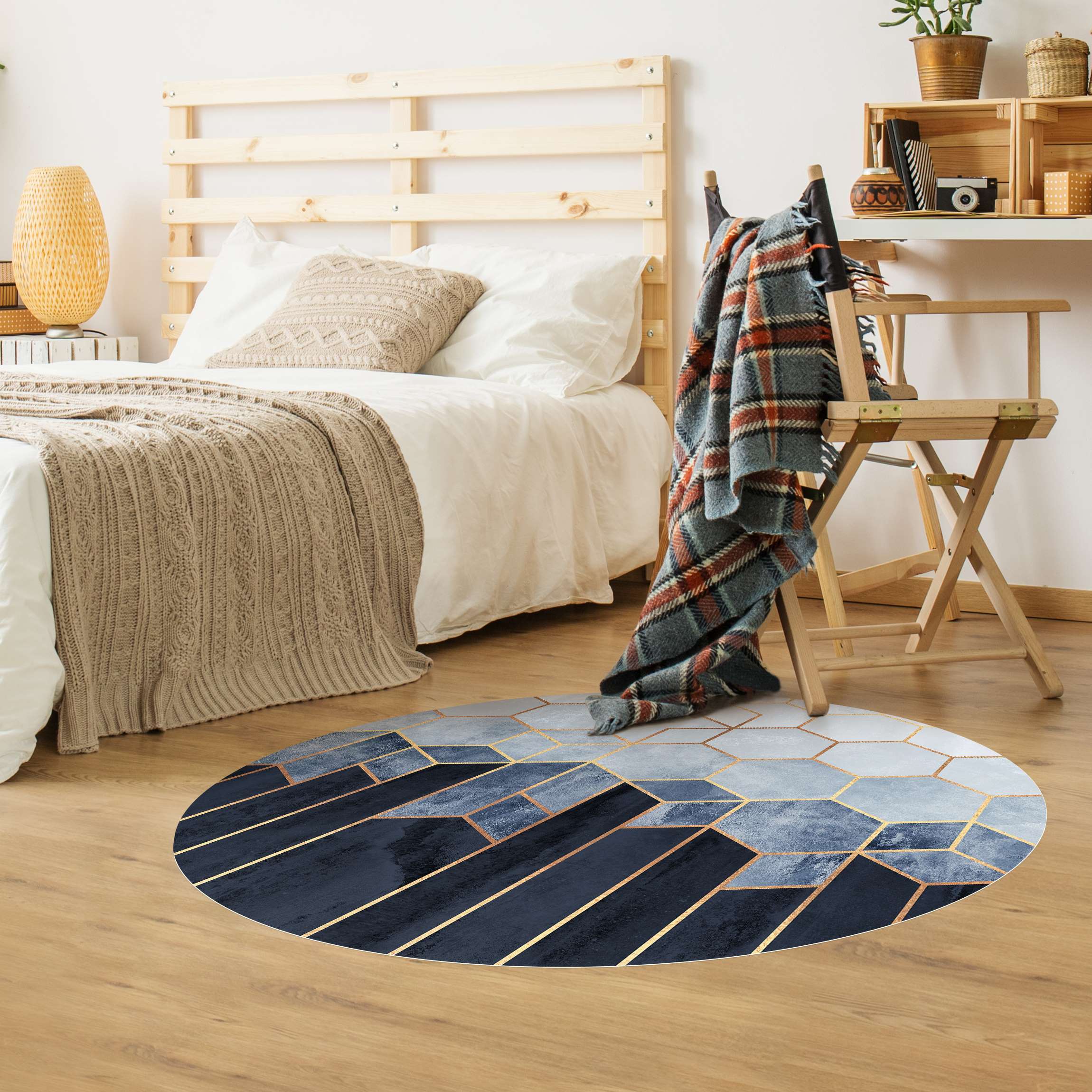 Runder Vinyl-Teppich Goldene Sechsecke Blau Weiß