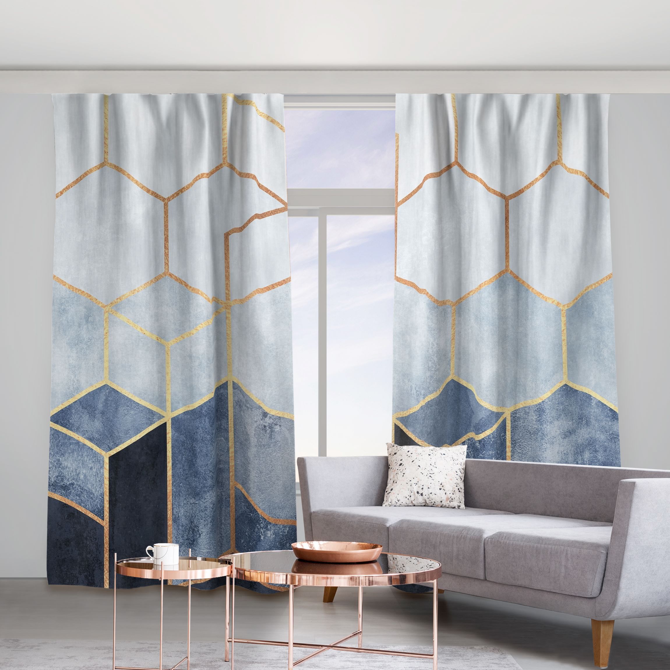 Vorhang Goldene Sechsecke Blau Weiß