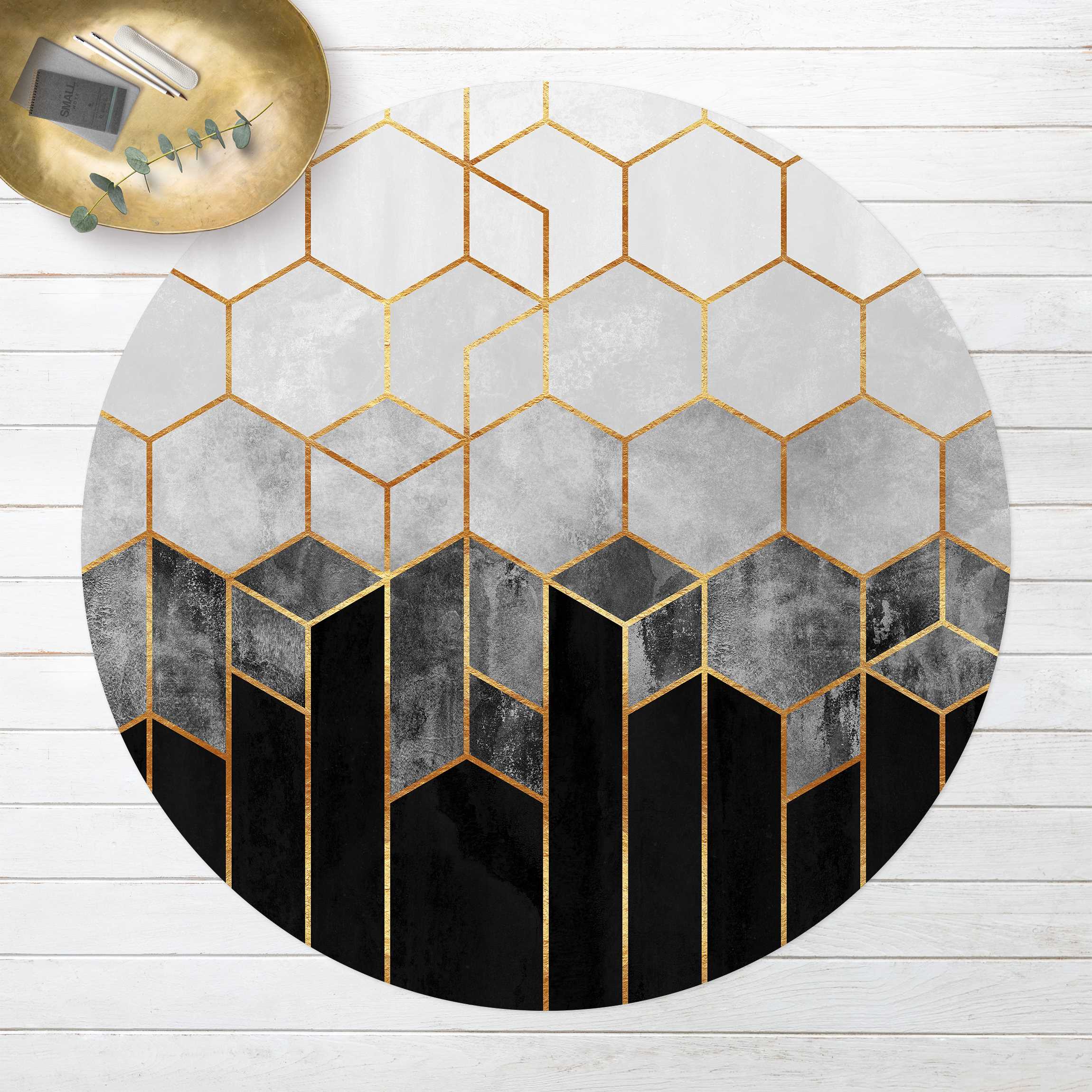 Runder Vinyl-Teppich Goldene Sechsecke Schwarz Weiß