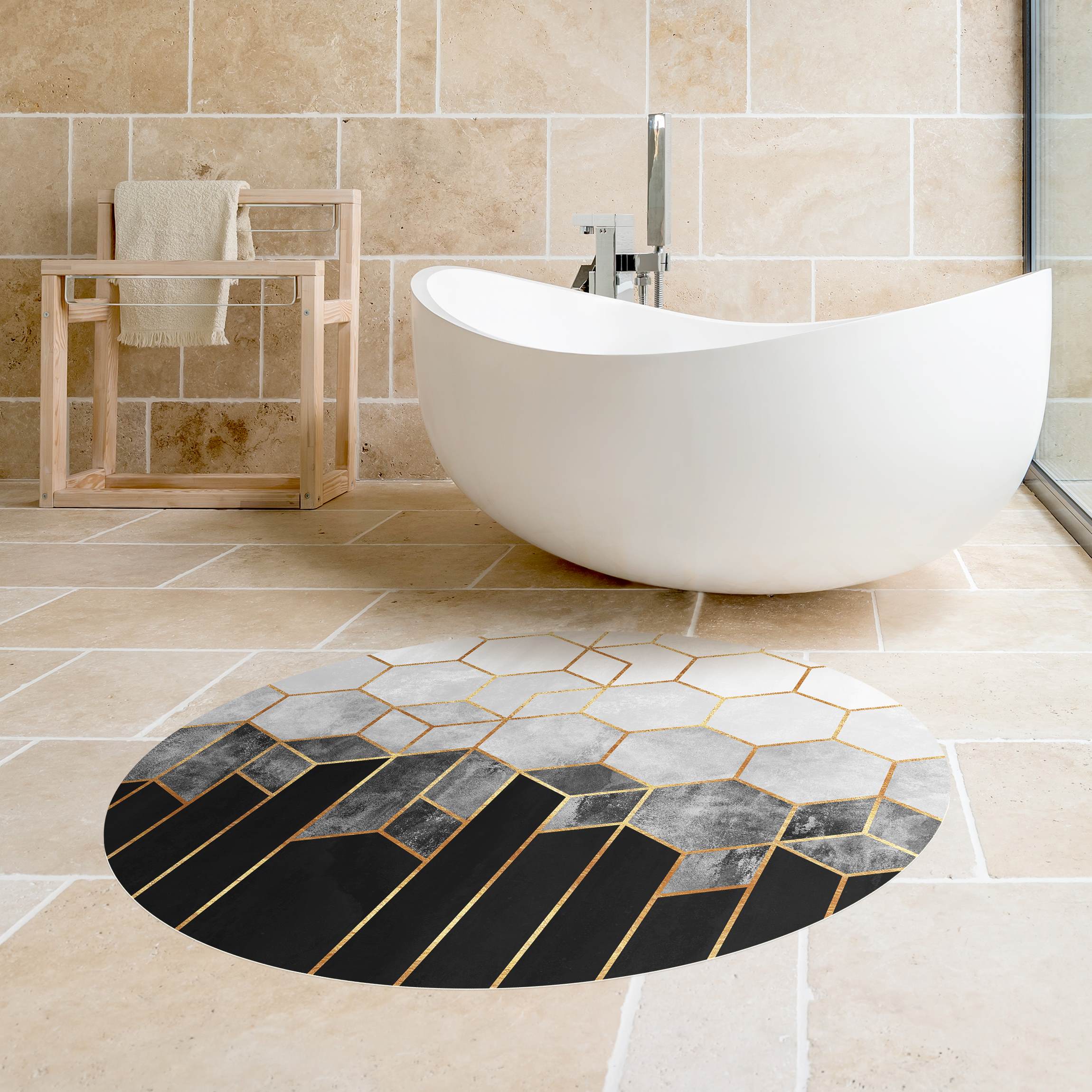 Runder Vinyl-Teppich Goldene Sechsecke Schwarz Weiß