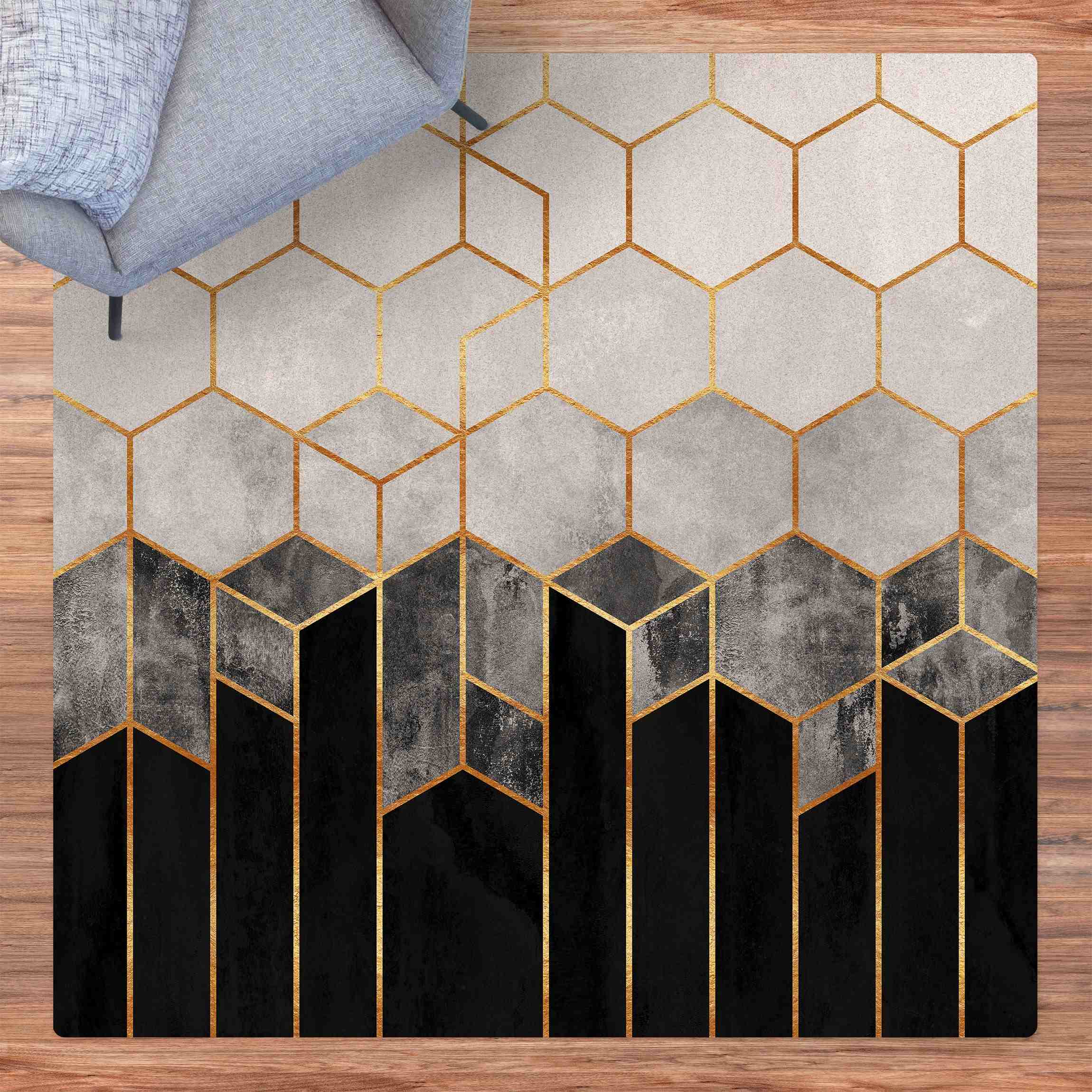 Kork-Teppich Goldene Sechsecke Schwarz Weiß