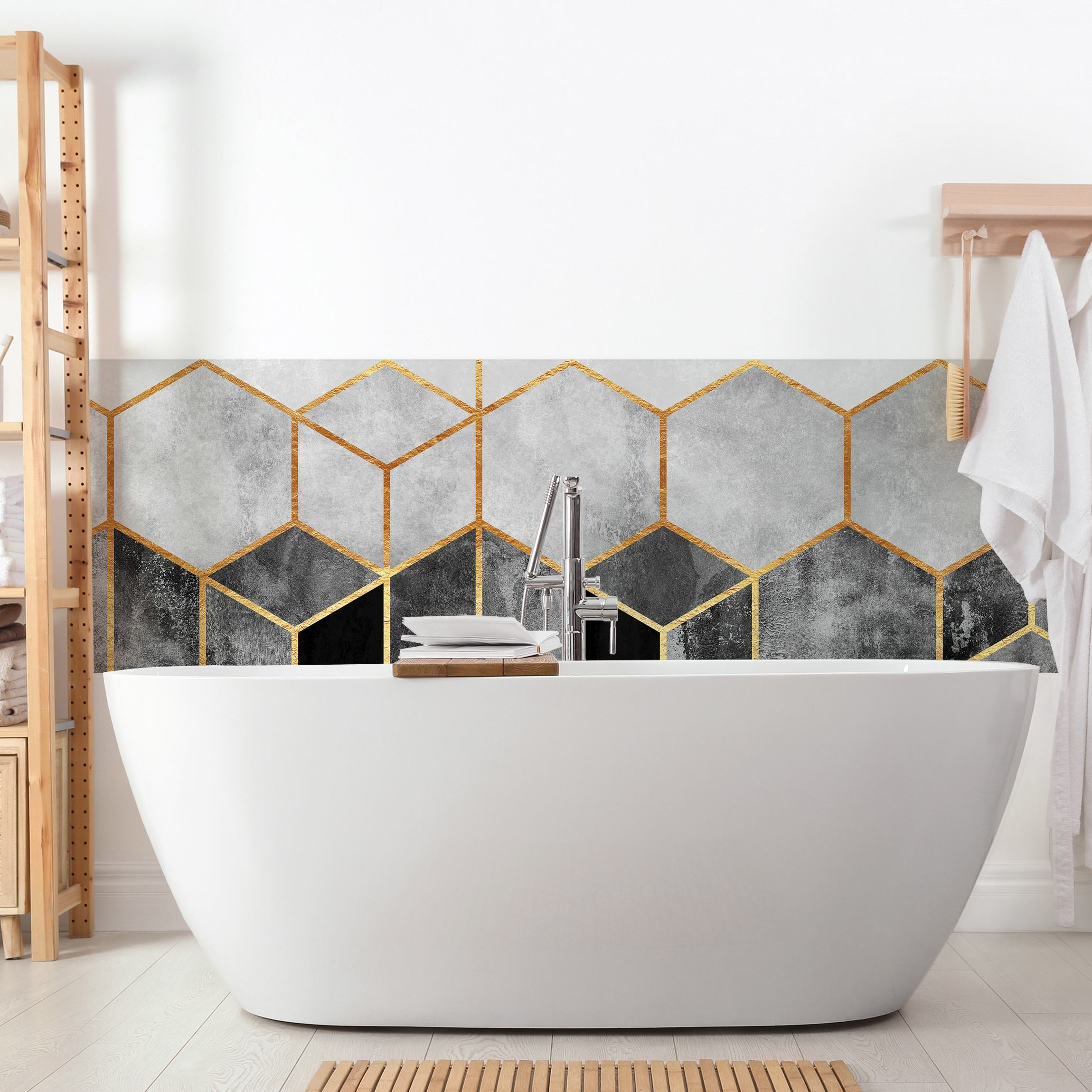 Wandverkleidung Bad Goldene Sechsecke Schwarz Weiß