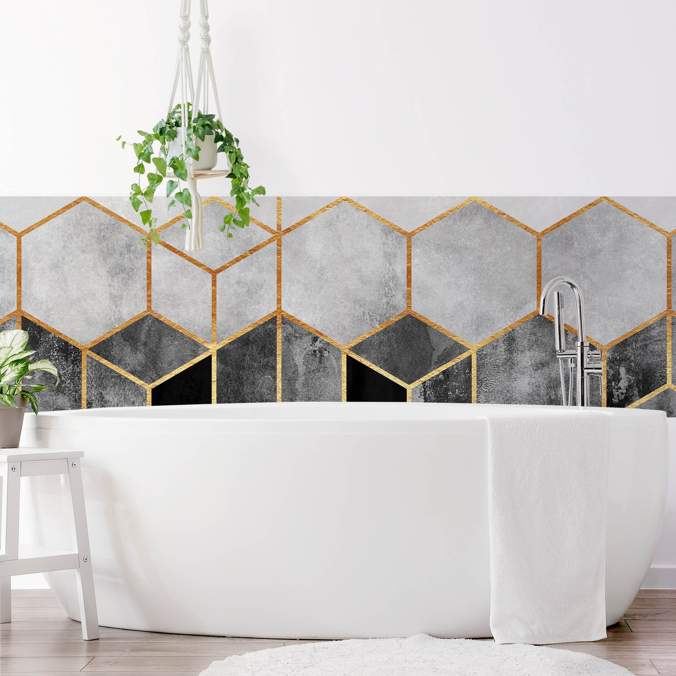 Wandverkleidung Bad Goldene Sechsecke Schwarz Weiß